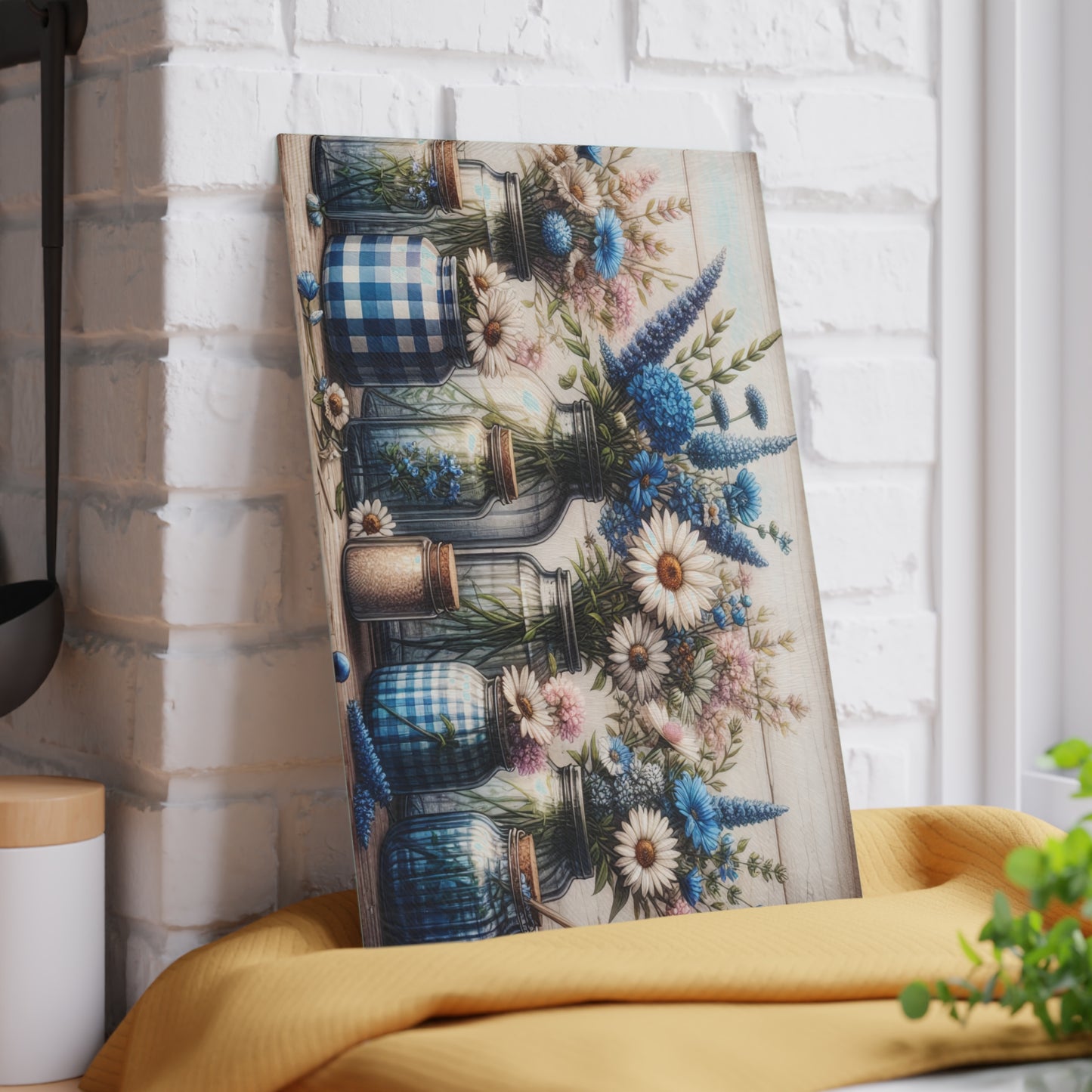 💙🌼 Blue Gingham Wildflower Mason Jar Cutting Board – Rustic Farmhouse Kitchen Charm 🌿✨