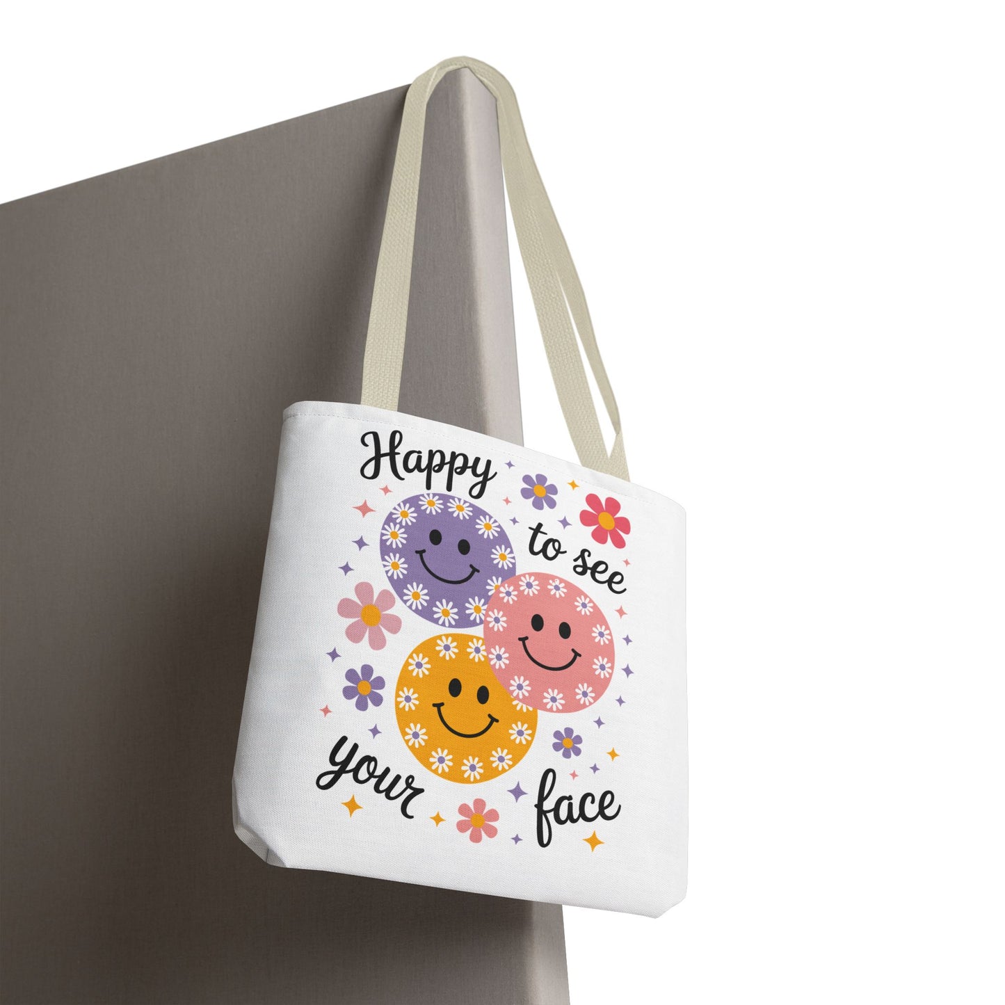 🌼 Happy Face Daisy Tote Bag – Retro Smiles with Floral Charm 🌸