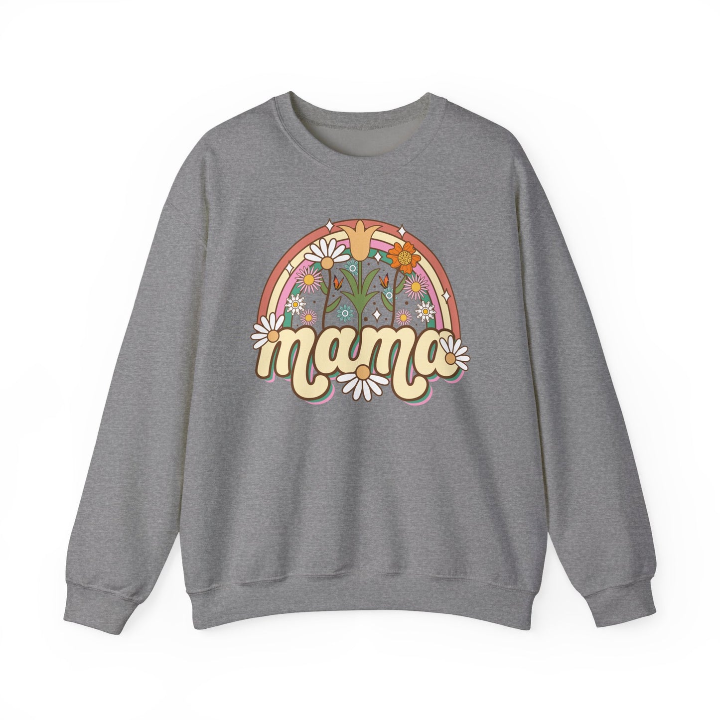 🌼🌈 Retro Floral Mama Sweatshirt – Vintage Rainbow Daisy Mom Crewneck