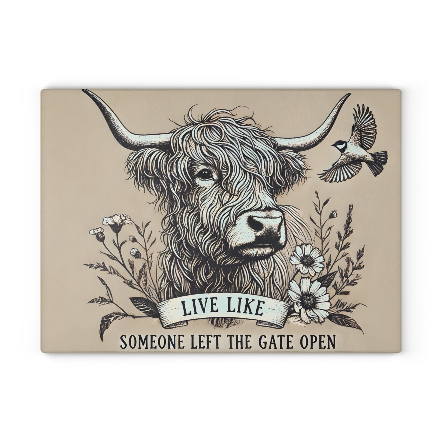 🐮 “Live Like Someone Left the Gate Open” Sketch Highland Cow Cutting Board – Rustic Farmhouse Charm for Your Kitchen