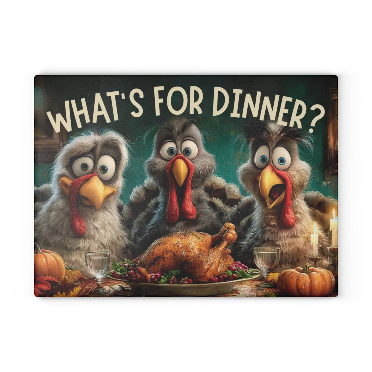 🦃🥔 “Dinner Time Surprise” Glass Cutting Board – Playful Rustic Kitchen Décor