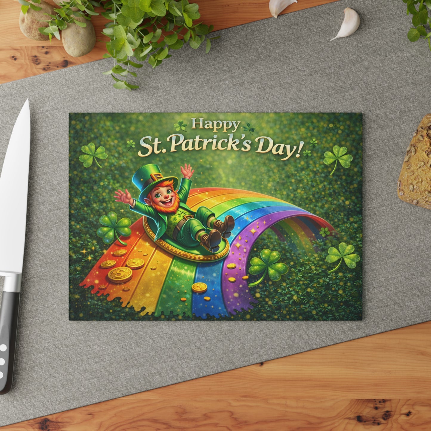 St. Patrick’s Day Leprechaun Rainbow Glass Cutting Board – Whimsical Irish-Inspired Kitchen Decor
