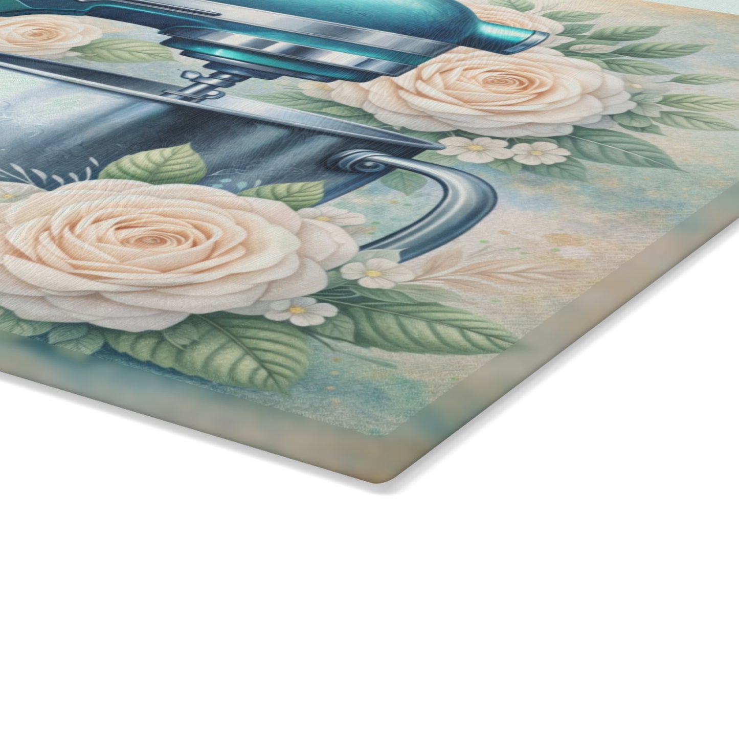 Teal Kitchen Mixer Glass Cutting Board – Elegant Farmhouse Kitchen Decor