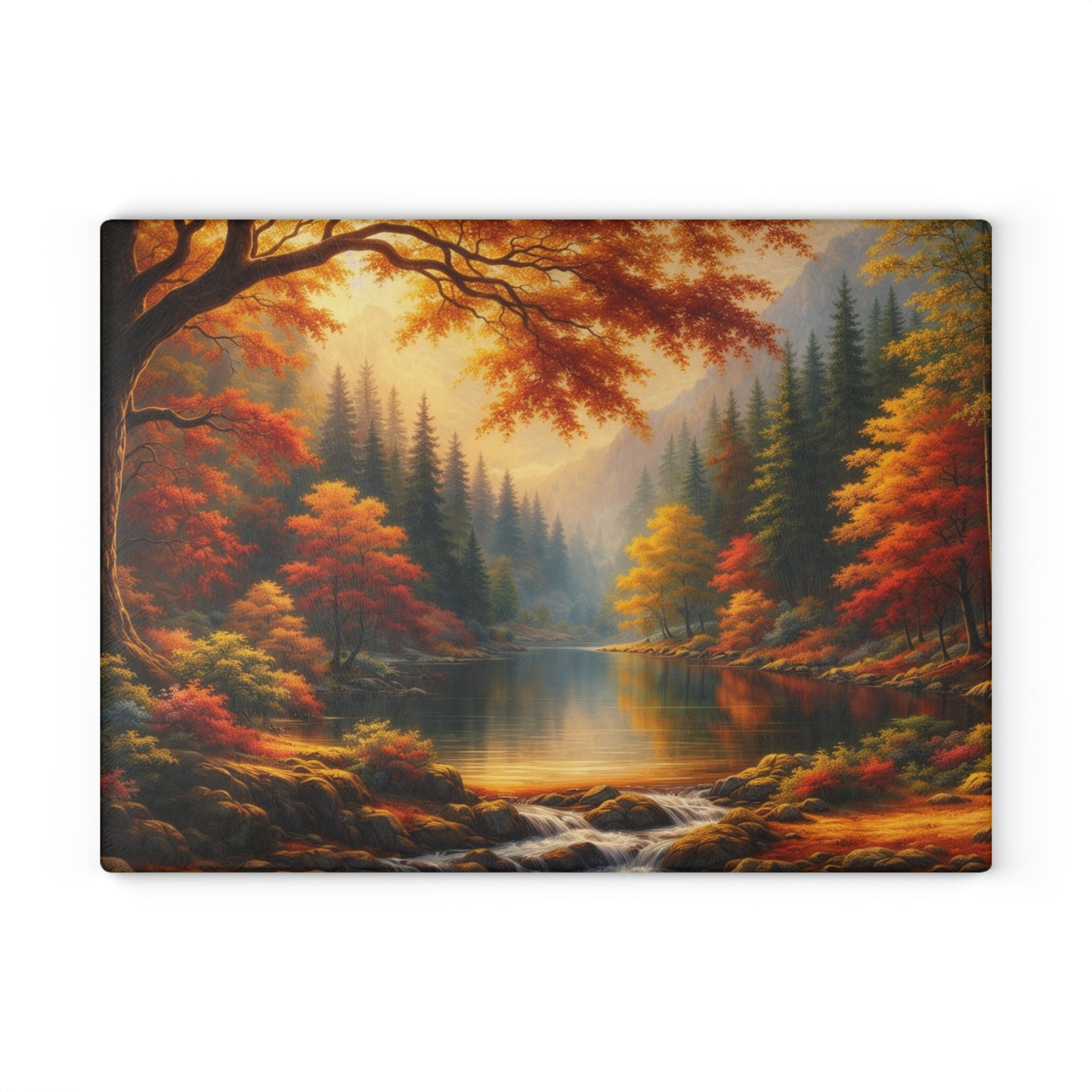 Autumn Forest Lake Glass Cutting Board – Warm Fall Landscape Kitchen Art