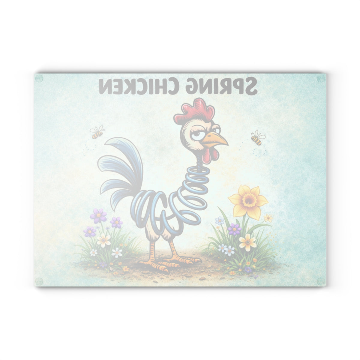 Spring Chicken Glass Cutting Board – Whimsical Chicken Artwork with Playful Spring Humor
