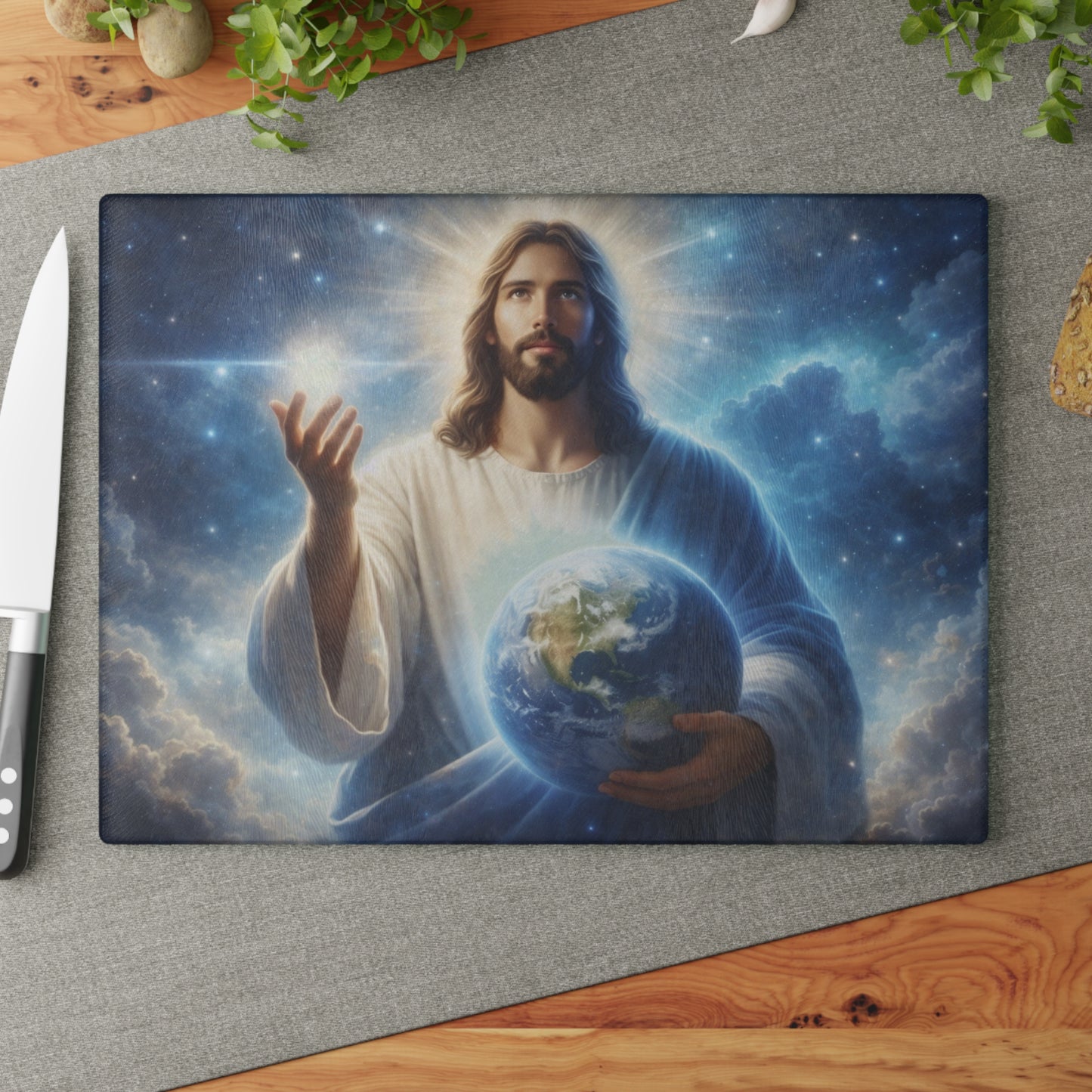 King of Creation Glass Cutting Board – Faith-Inspired Artwork Holding the World
