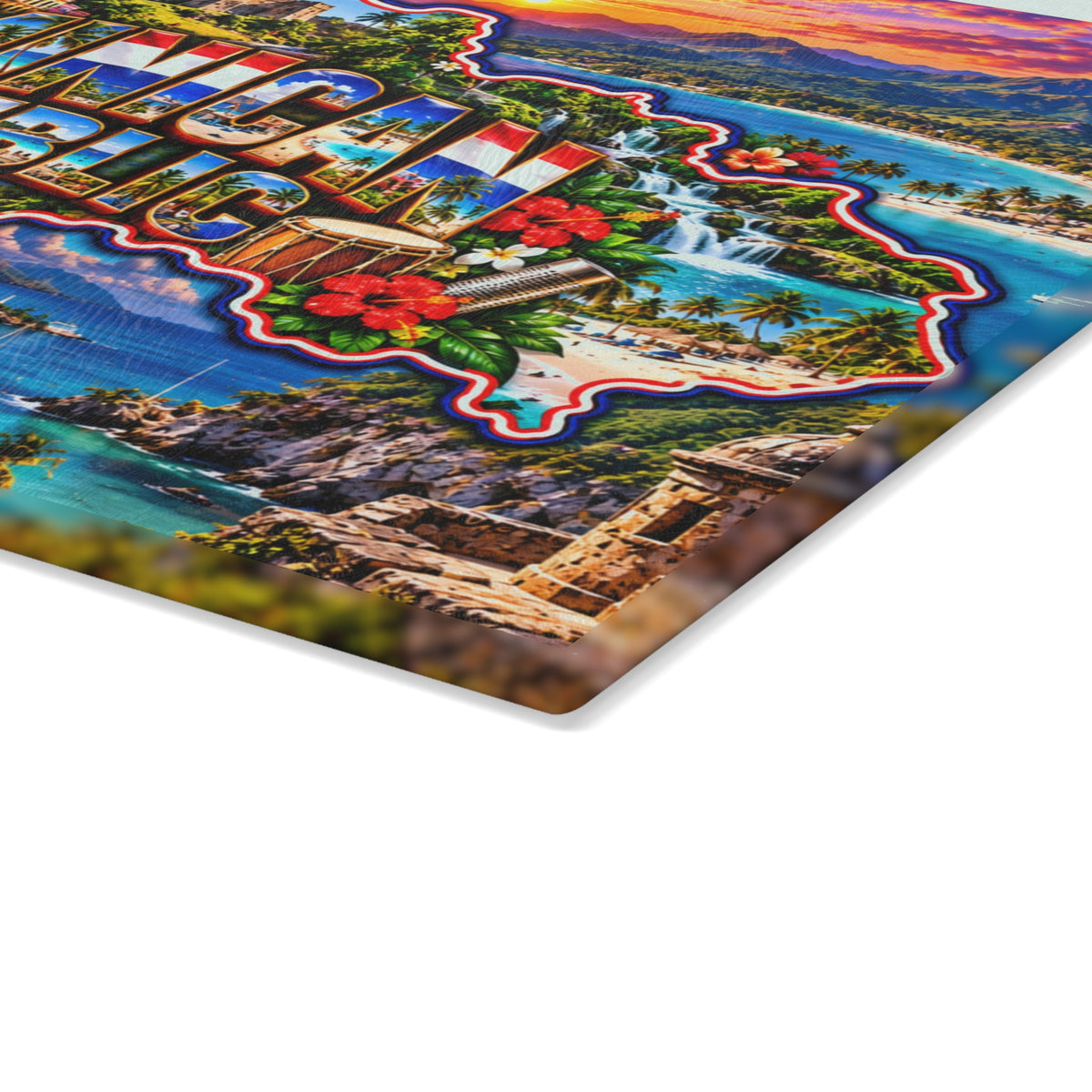 Dominican Republic Map Cutting Board – Tropical Beaches, Historic Architecture, Waterfalls, Palm Trees & Caribbean Kitchen Décor