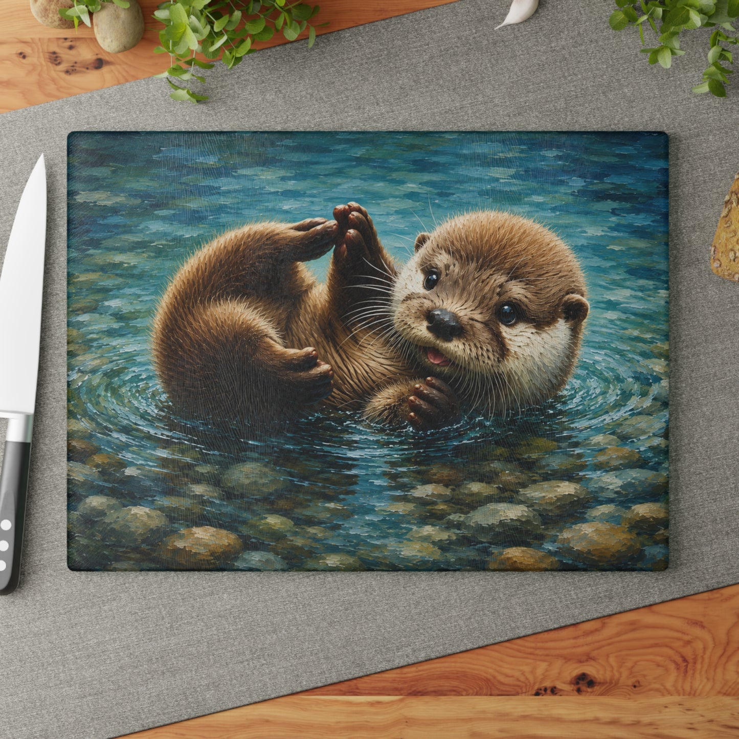 Playful Otter Glass Cutting Board – Woodland River Animal Kitchen Decor