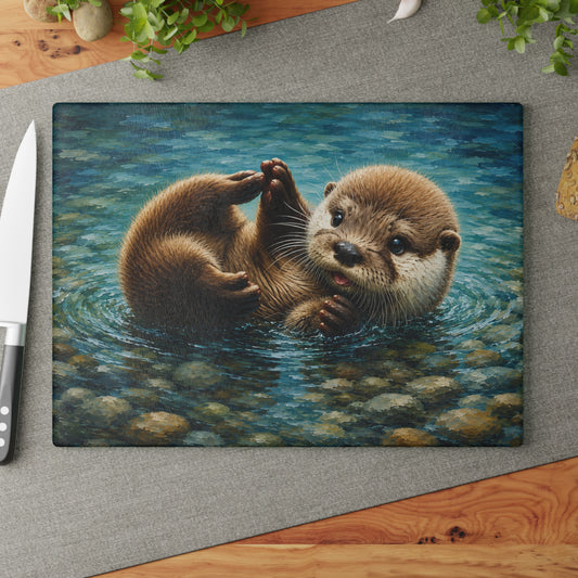 Playful Otter Glass Cutting Board – Woodland River Animal Kitchen Decor