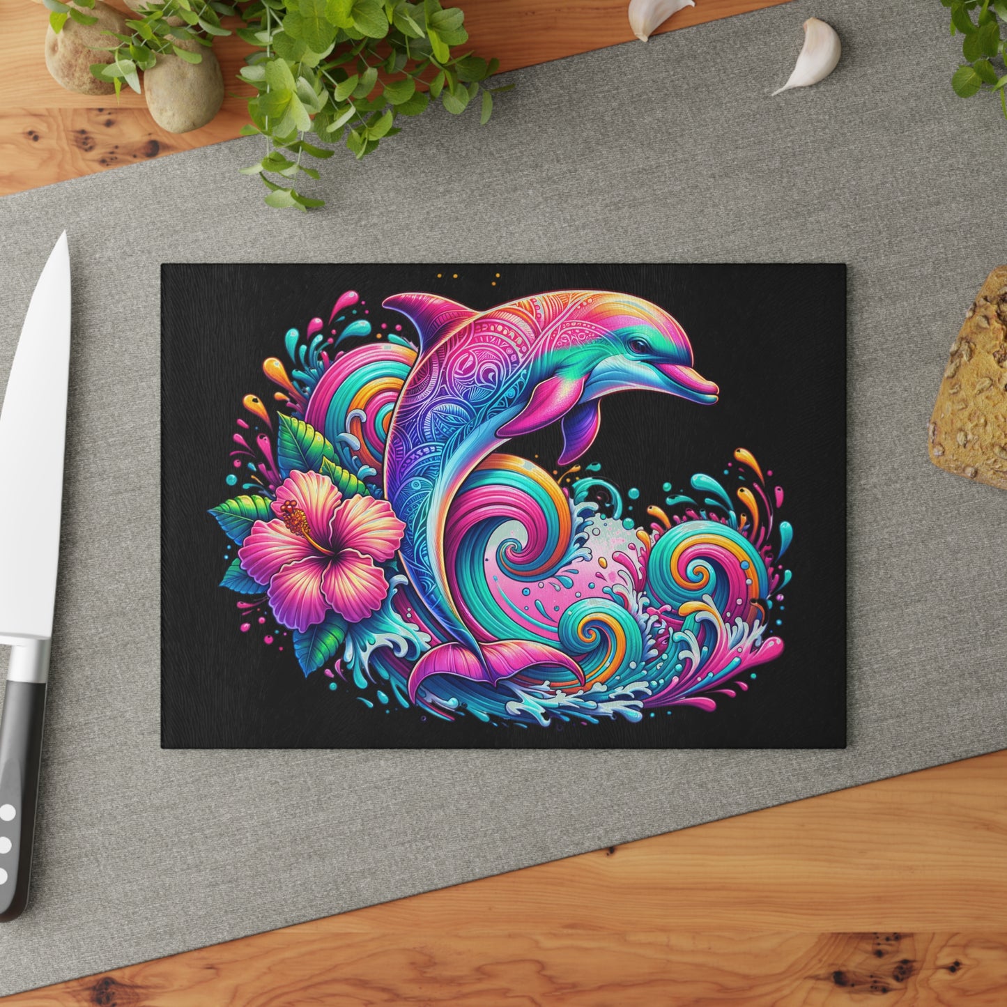 Ocean Breeze Dolphin Glass Cutting Board | Marine Life Kitchen Decor