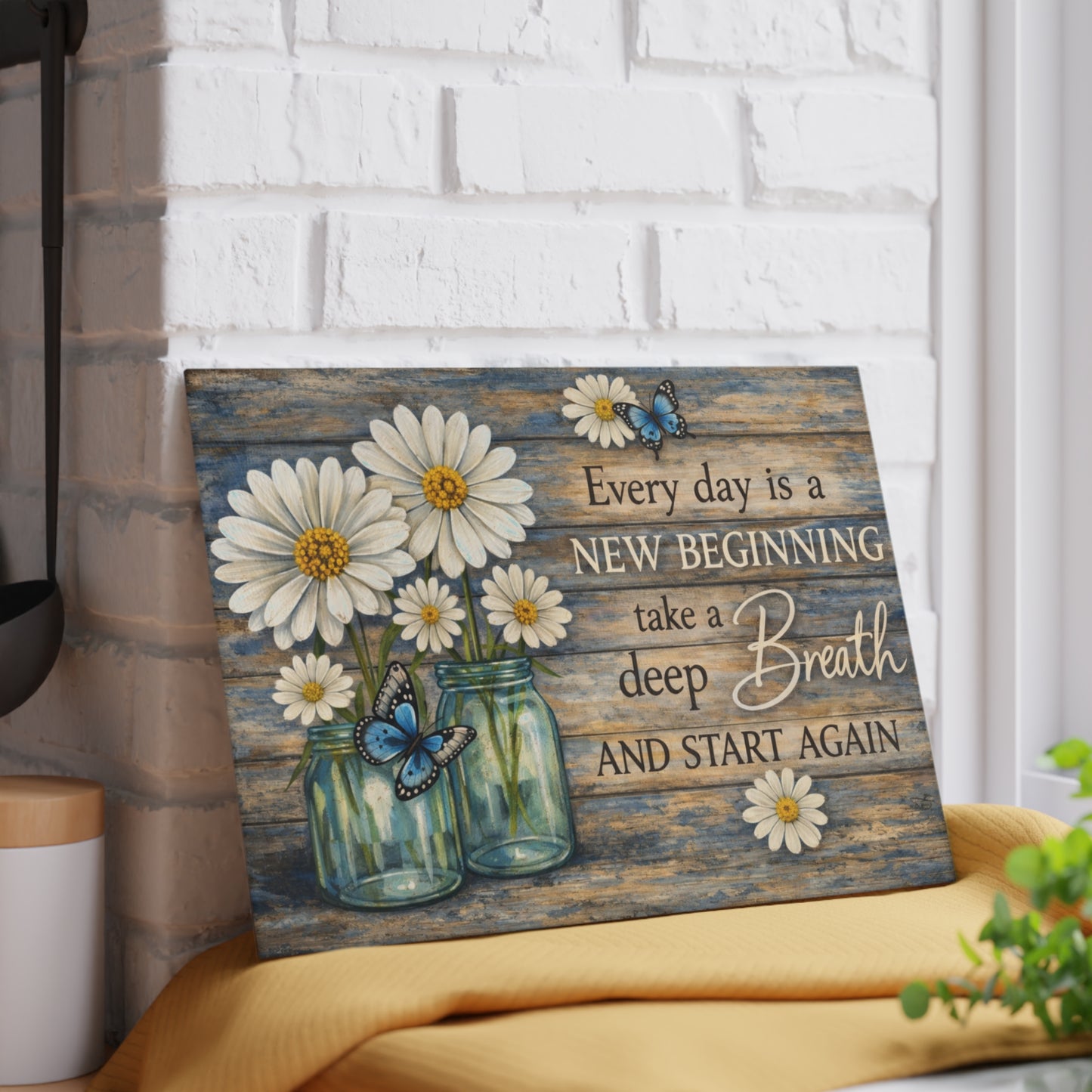 Every Day Is a New Beginning Glass Cutting Board – Daisy and Butterfly Inspirational Kitchen Art
