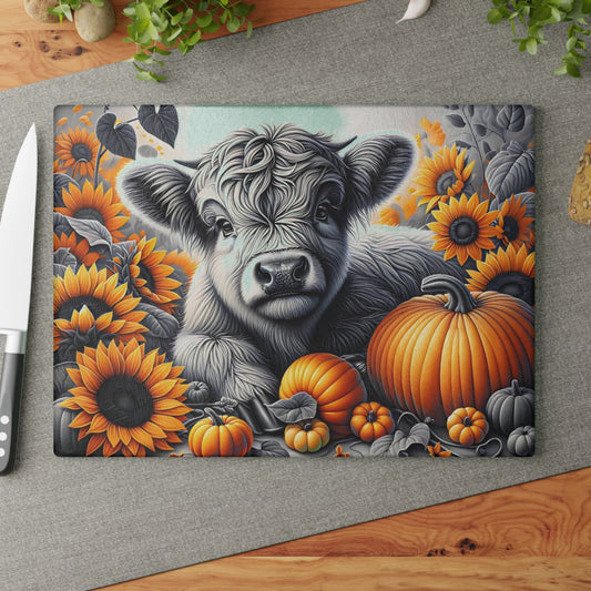 🐮🌻 Autumn Highland Calf Cutting Board – Rustic Charm with Pumpkins & Sunflowers 🎃🍂