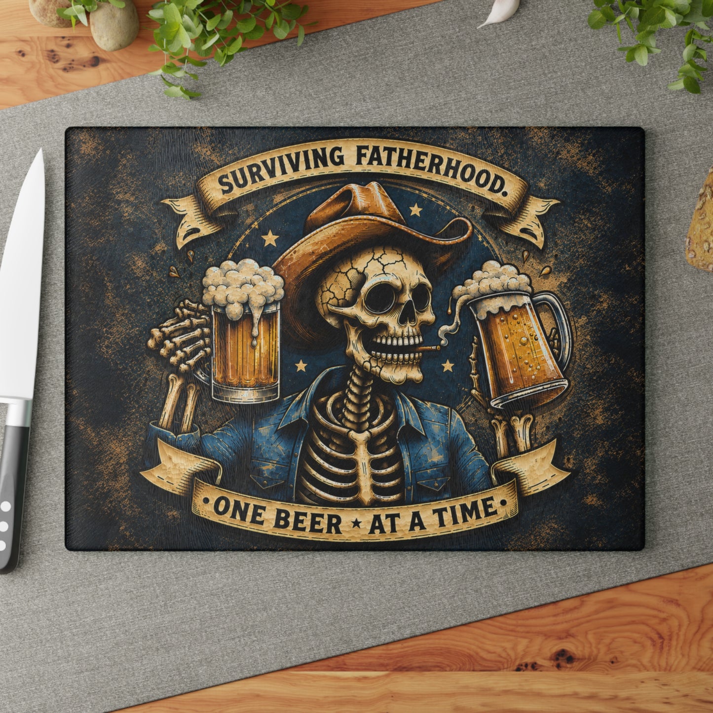 Surviving Fatherhood One Beer at a Time Glass Cutting Board – Funny Dad Skeleton Cowboy Decor