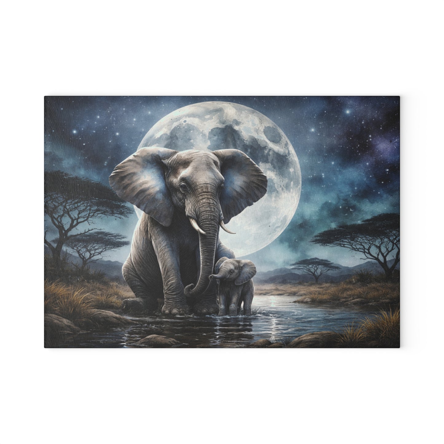 Moonlit Elephant and Calf Glass Cutting Board – Mystical Night Safari Wildlife Art