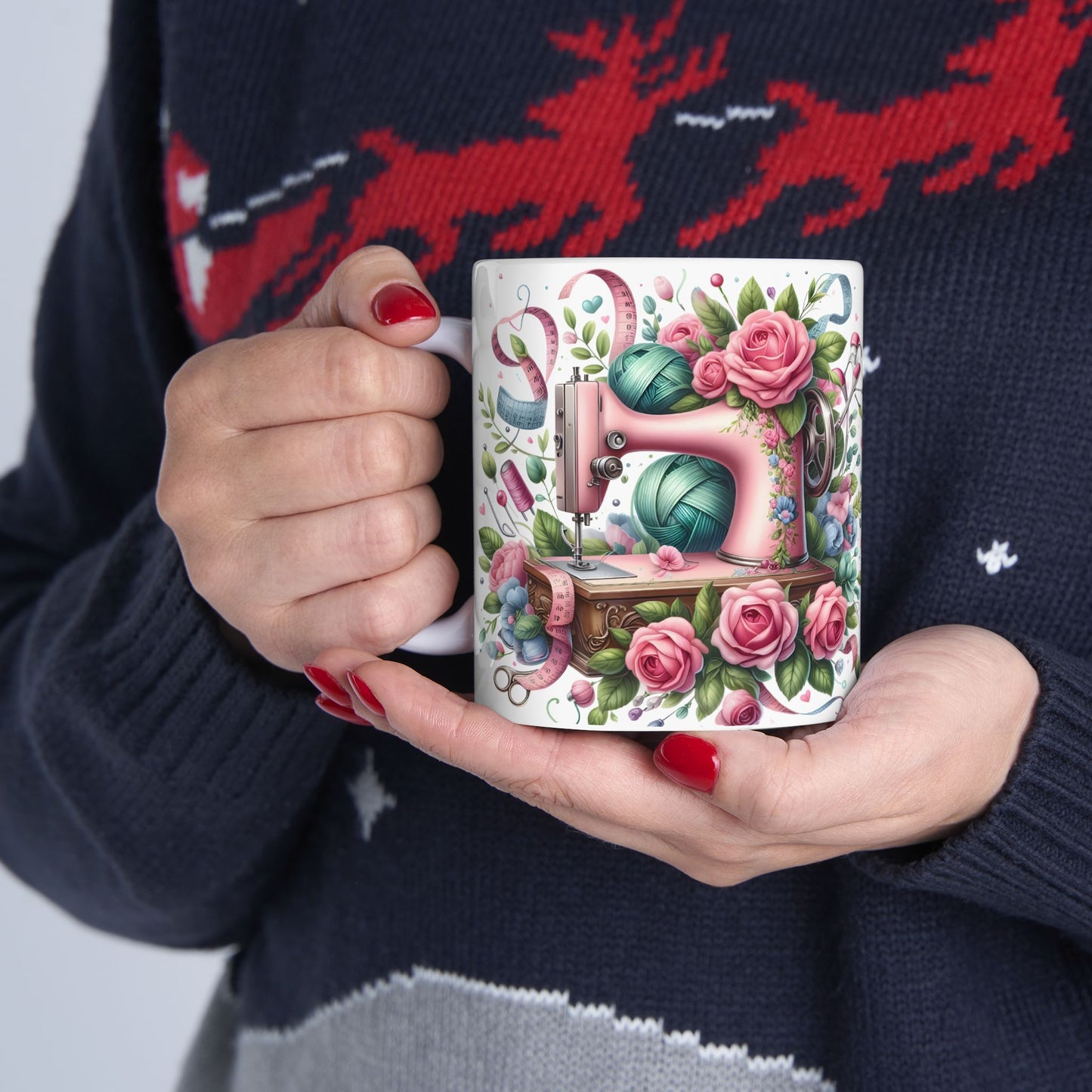 🌸🧵 Floral Sewing Machine Mug – Personalized Coffee Cup for Quilters & Crafters ✨☕
