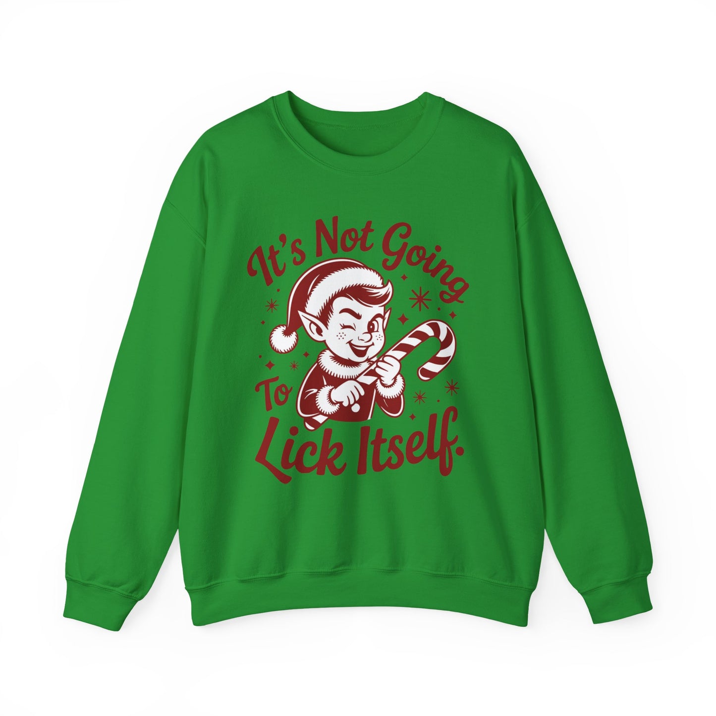 🍭😅 “It’s Not Going To Lick Itself” Men’s Funny Elf Sweatshirt – Bold Candy Cane Humor Crewneck
