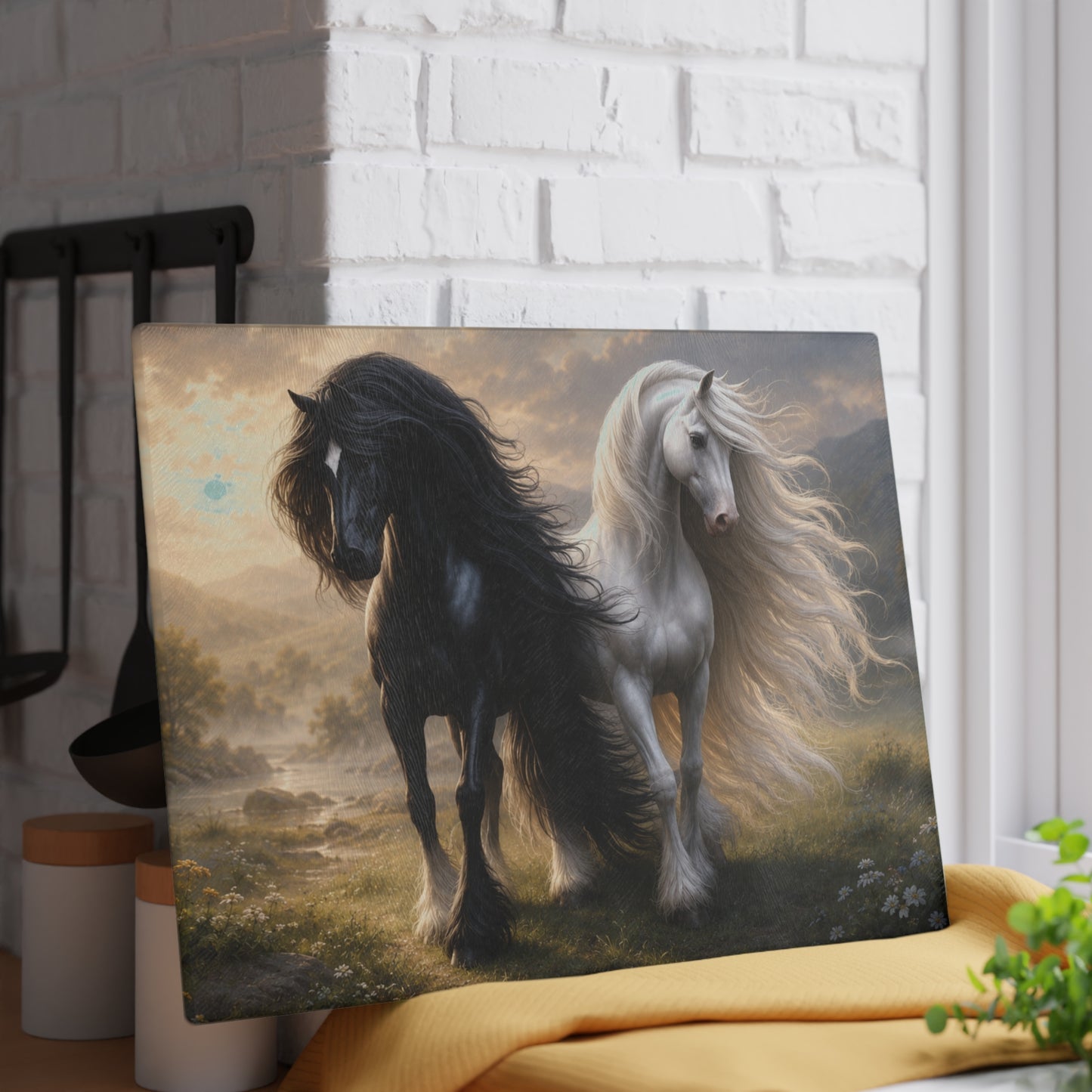 Majestic Black & White Horses Glass Cutting Board – Elegant Horse Kitchen Decor, Nature Lover Gift