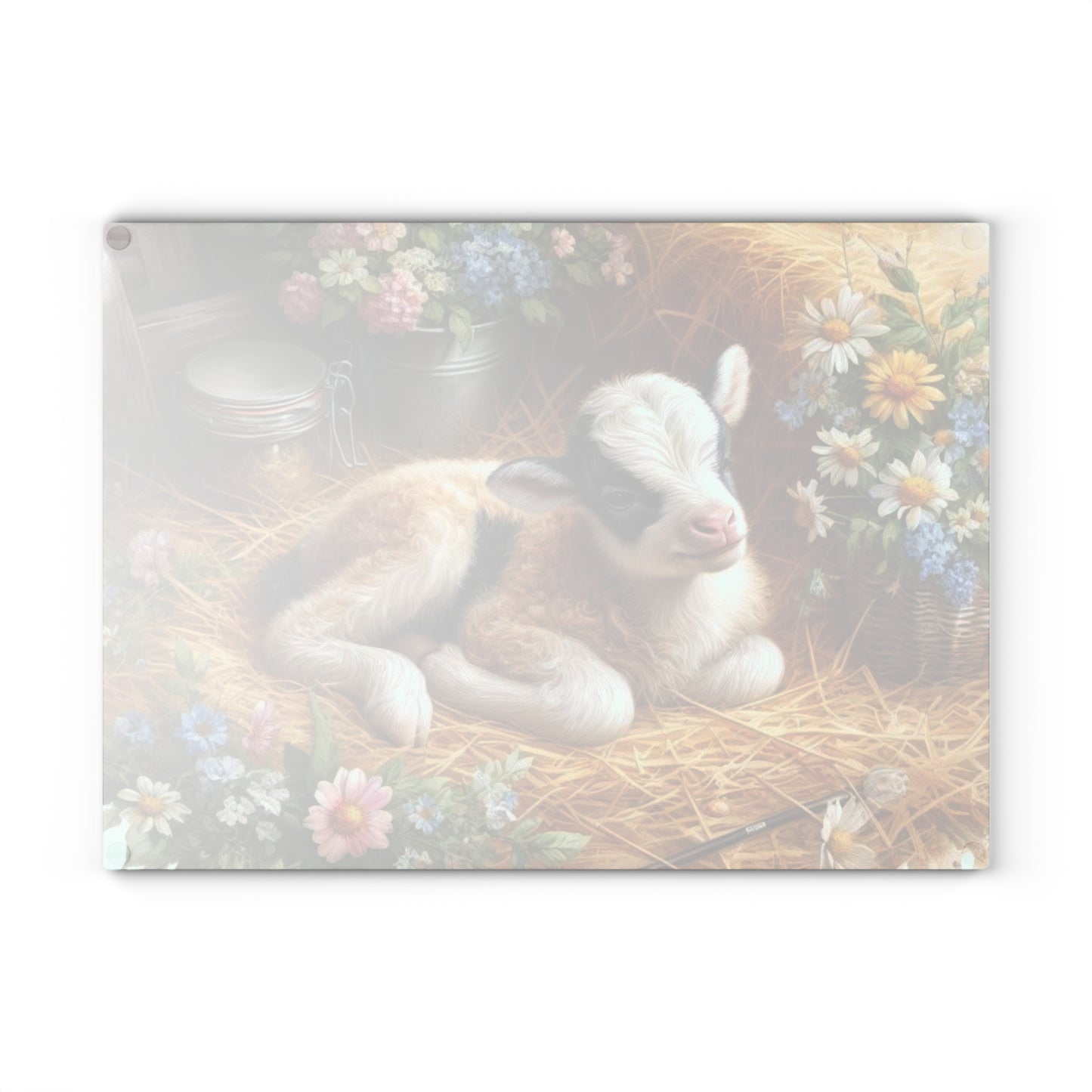 🐐🌸 Baby Goat in the Hayloft Glass Cutting Board – Rustic Farm Charm for Your Kitchen 🌾
