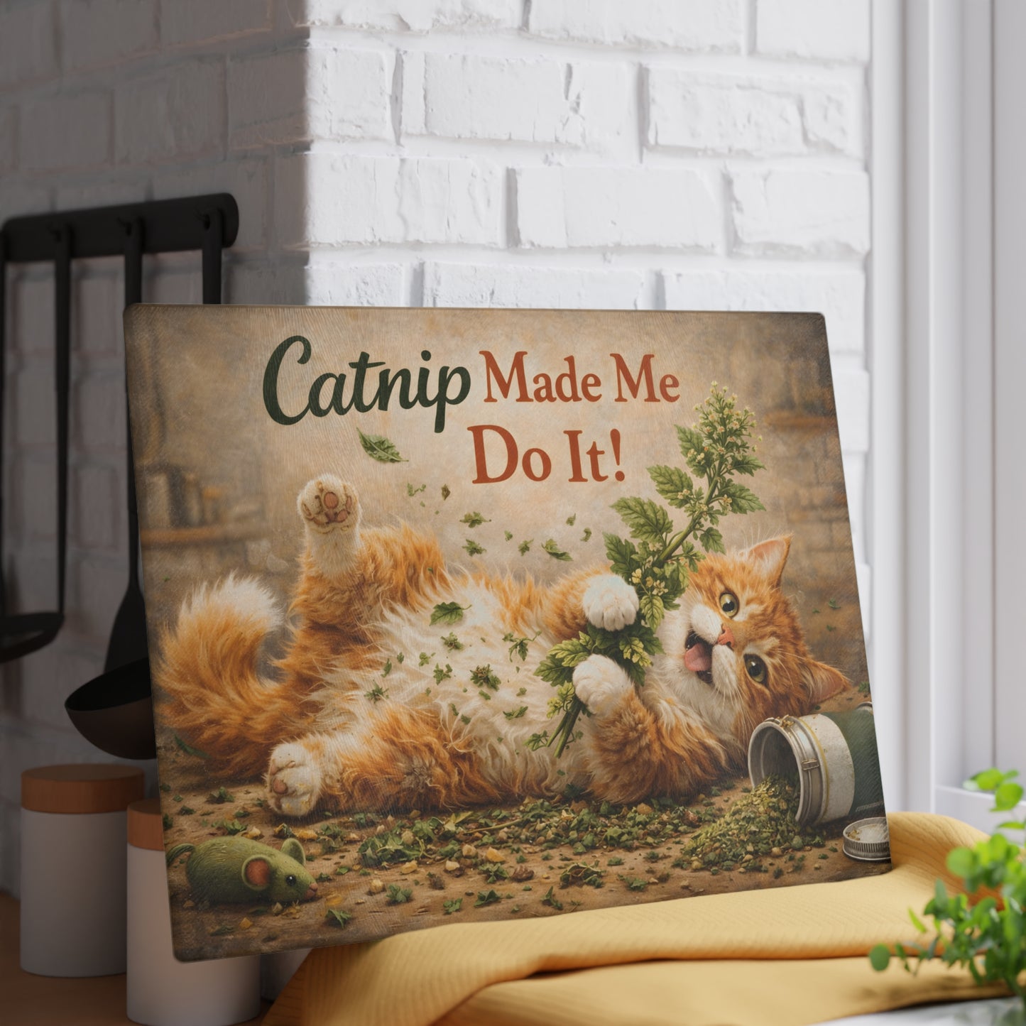 Catnip Made Me Do It Glass Cutting Board – Funny Cat Kitchen Art