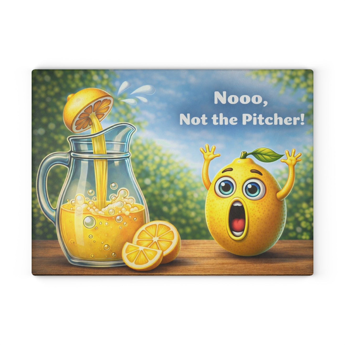 Nooo, Not the Pitcher! Glass Cutting Board – Playful Lemonade Humor Kitchen Artwork