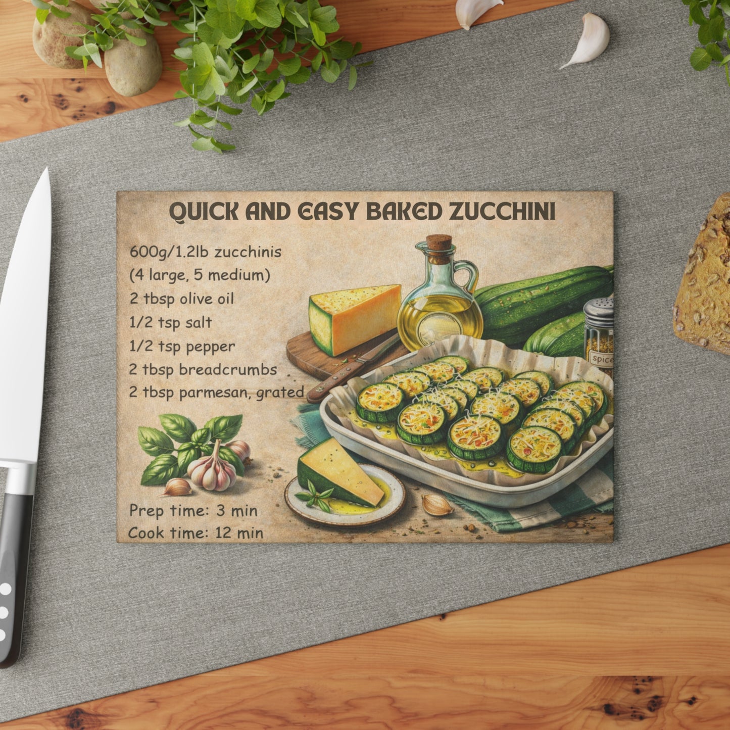 Quick and Easy Baked Zucchini Glass Cutting Board – Simple Oven Recipe Kitchen Art