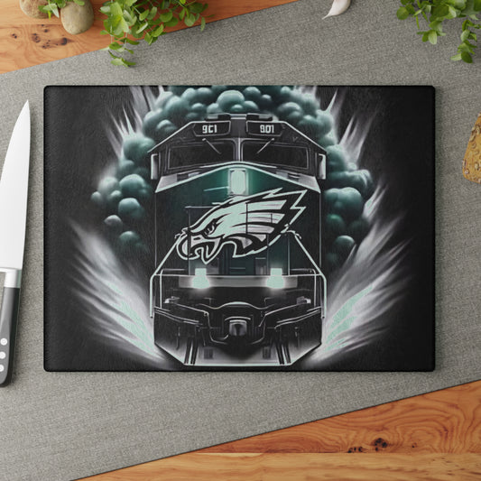 Tabla de cortar de vidrio Express verde oscuro y plateado: arte de tren con un toque atrevido para cocinas atemporales y audaces