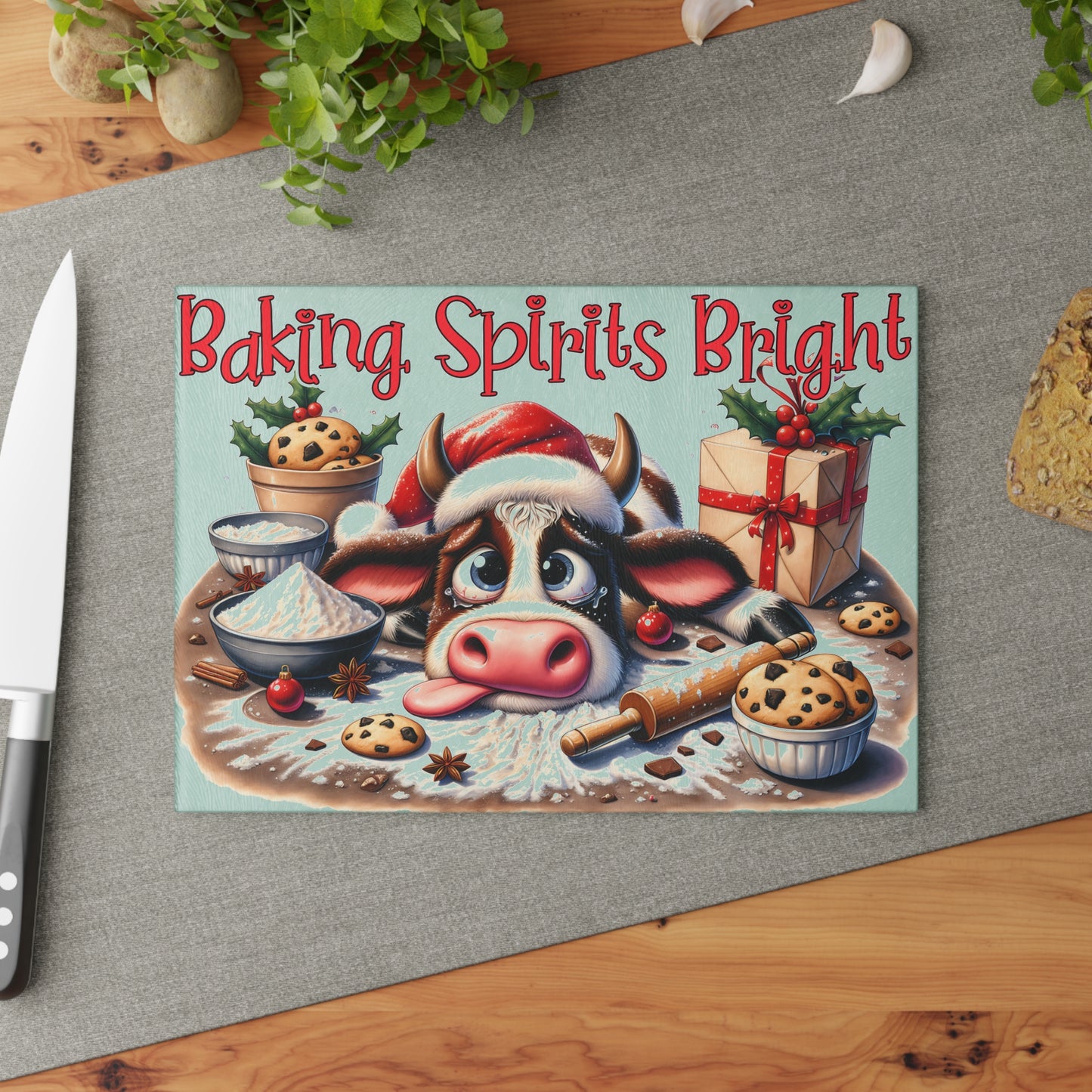 🐄✨ Baking Spirits Bright Cow Cutting Board – Festive Farmhouse Kitchen Charm