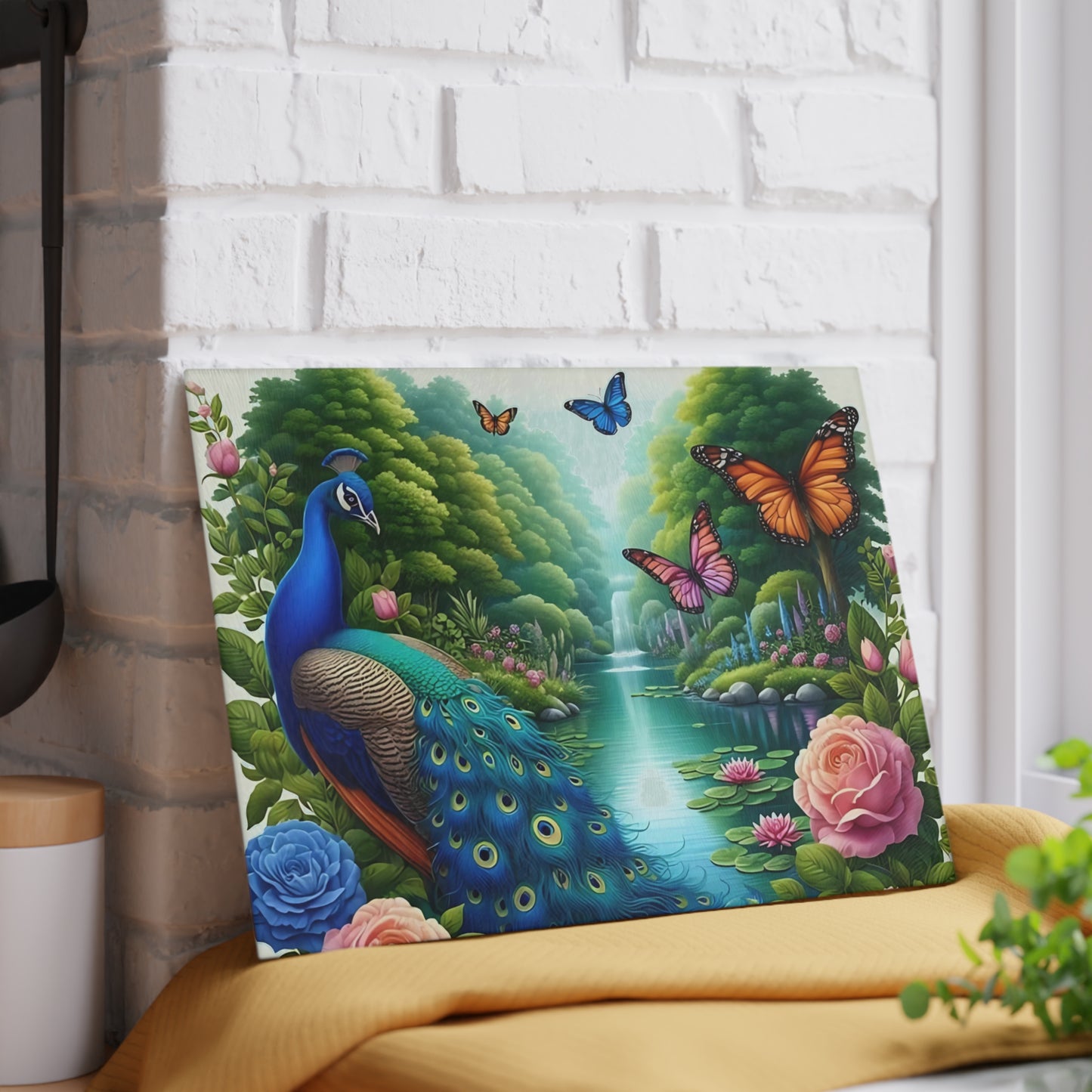 Peacock decor, butterfly decor, cutting board, kitchen decor, kitchen art, serving board, peacock gift, butterfly gift, floral cutting board
