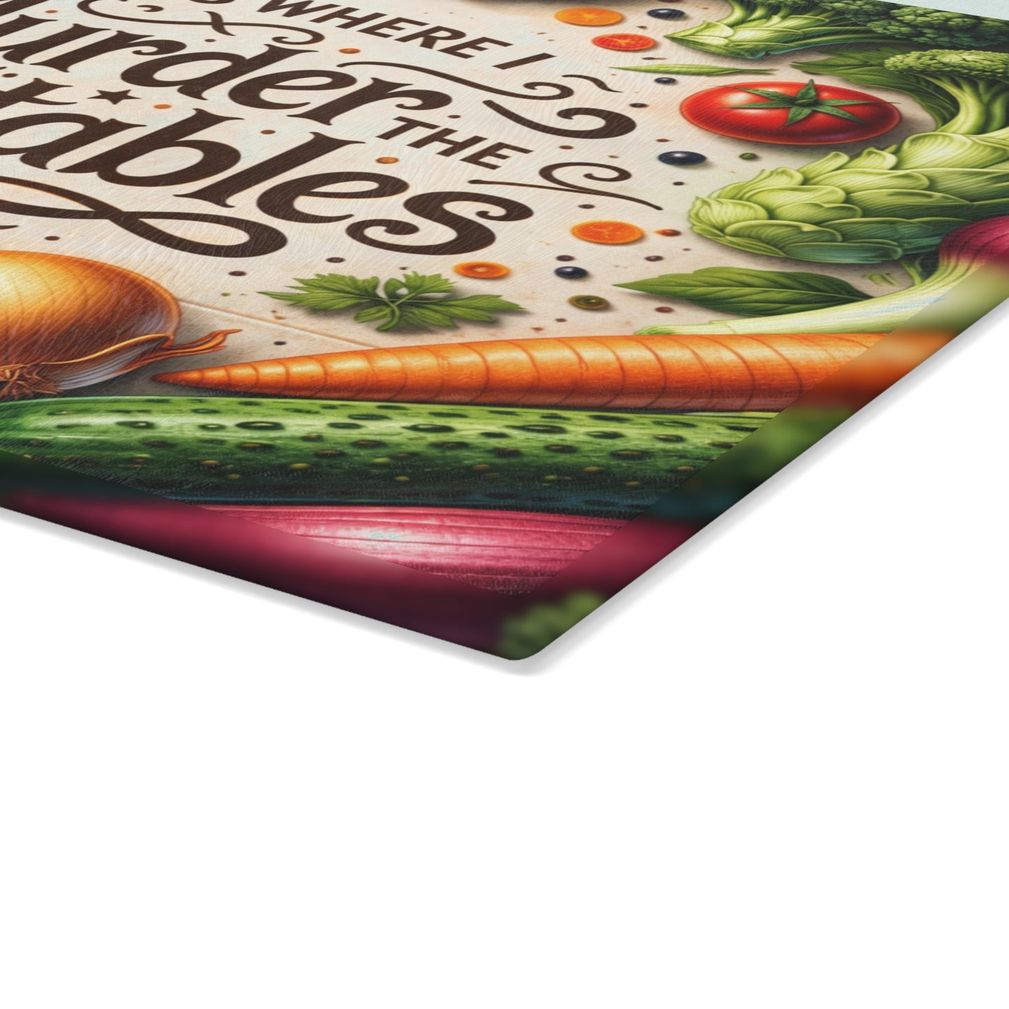 This Is Where I Murder the Vegetables Glass Cutting Board – Funny Kitchen Typography with Fresh Produce Art