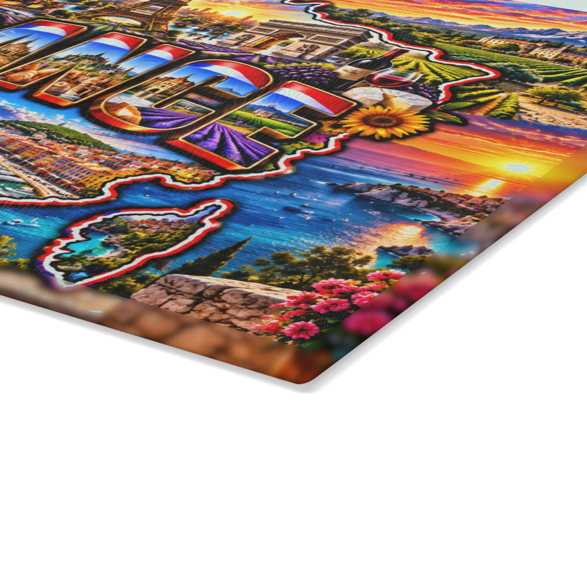 France Map Cutting Board – Eiffel Tower, Paris Landmarks, Lavender Fields, French Riviera & Scenic Kitchen Décor