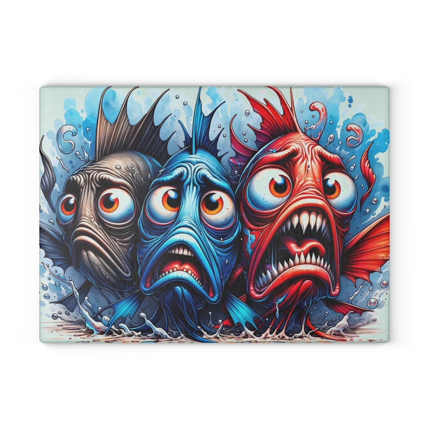 🐟😂 “Comic Fish Trio” Glass Cutting Board – Splashy Fun for Your Kitchen