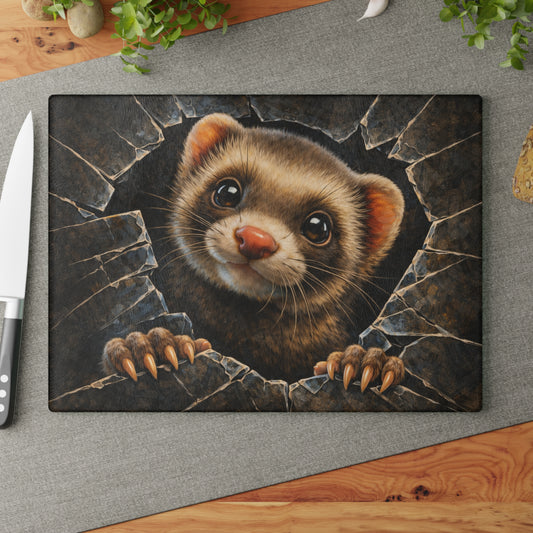 Ferret Breaking Through Wall Glass Cutting Board – Playful Wildlife Peek Artwork