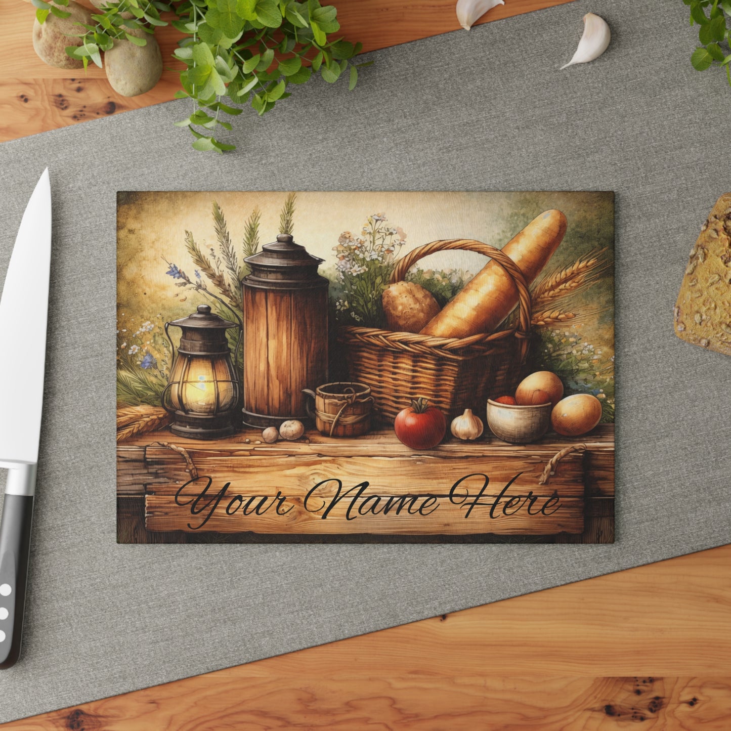 Rustic Farmhouse Breadbasket Personalized Glass Cutting Board – Custom Kitchen Name Display