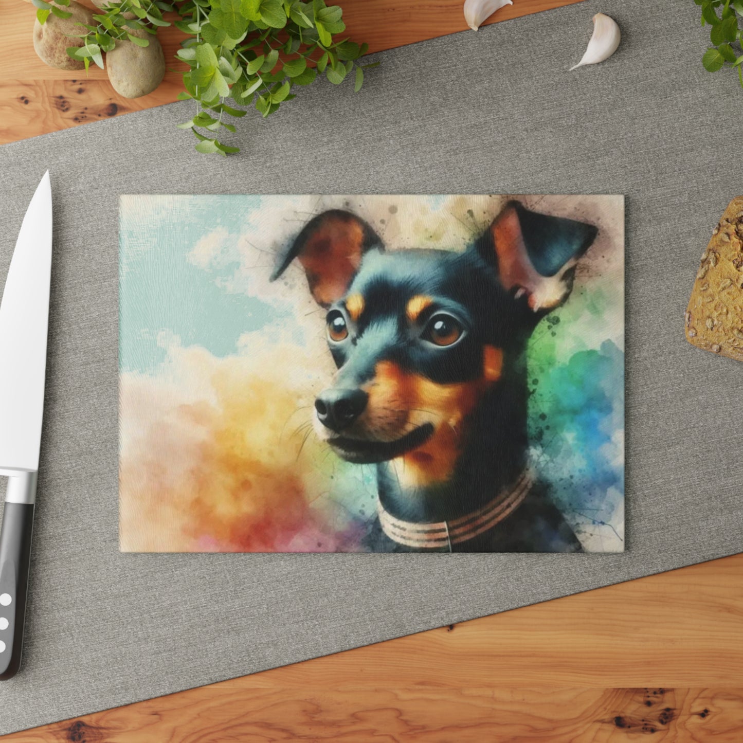 🐶🌈 “Rainbow Min Pin Portrait” Tempered Glass Board – Color Splash for Dog-Loving Kitchens