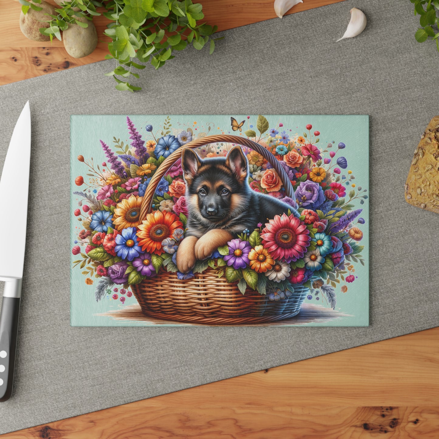 🐾🌼 German Shepherd in Bloom Cutting Board – Rustic Elegance for Your Kitchen 🌸