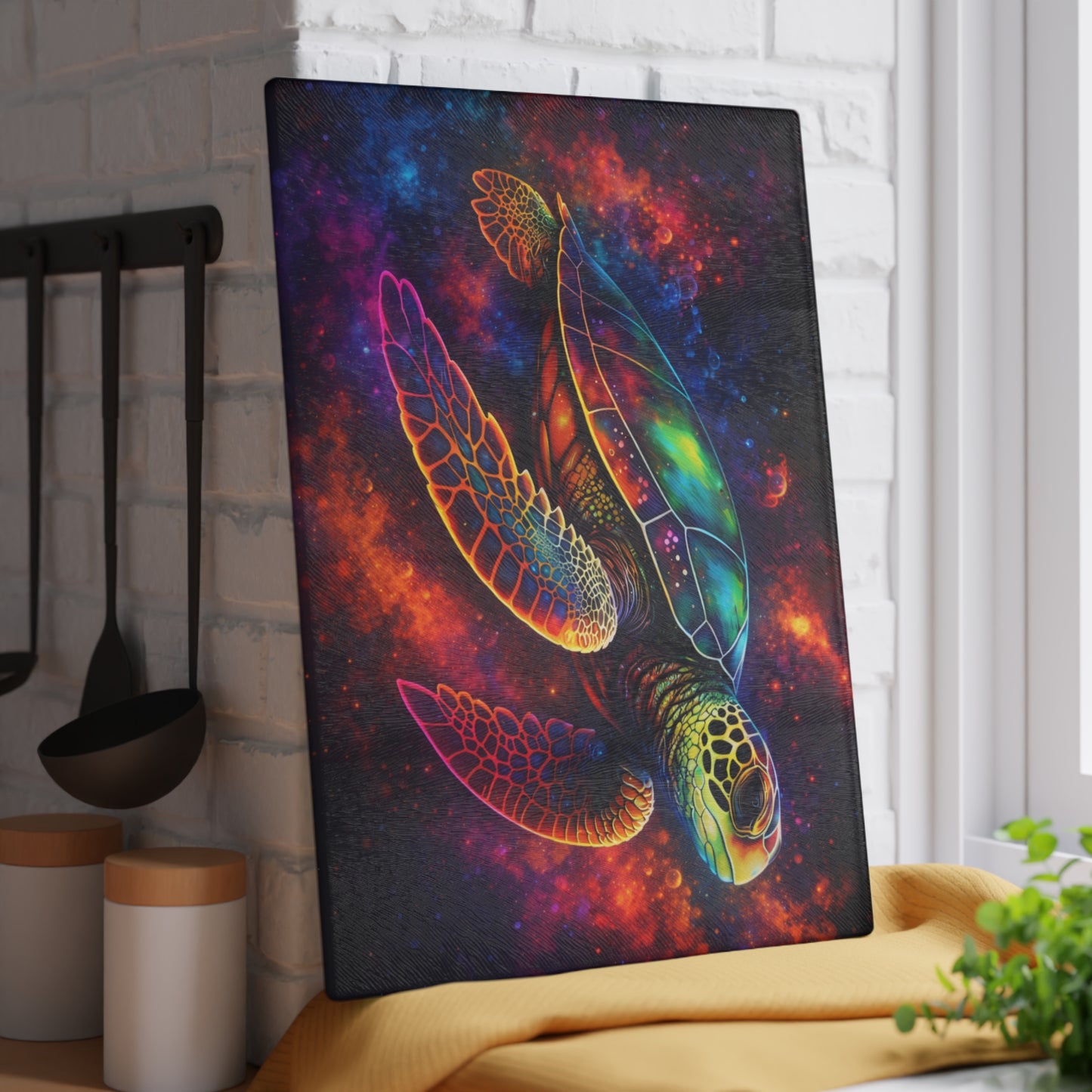 Cosmic Journey Glass Cutting Board – Vibrant Space Turtle Artwork