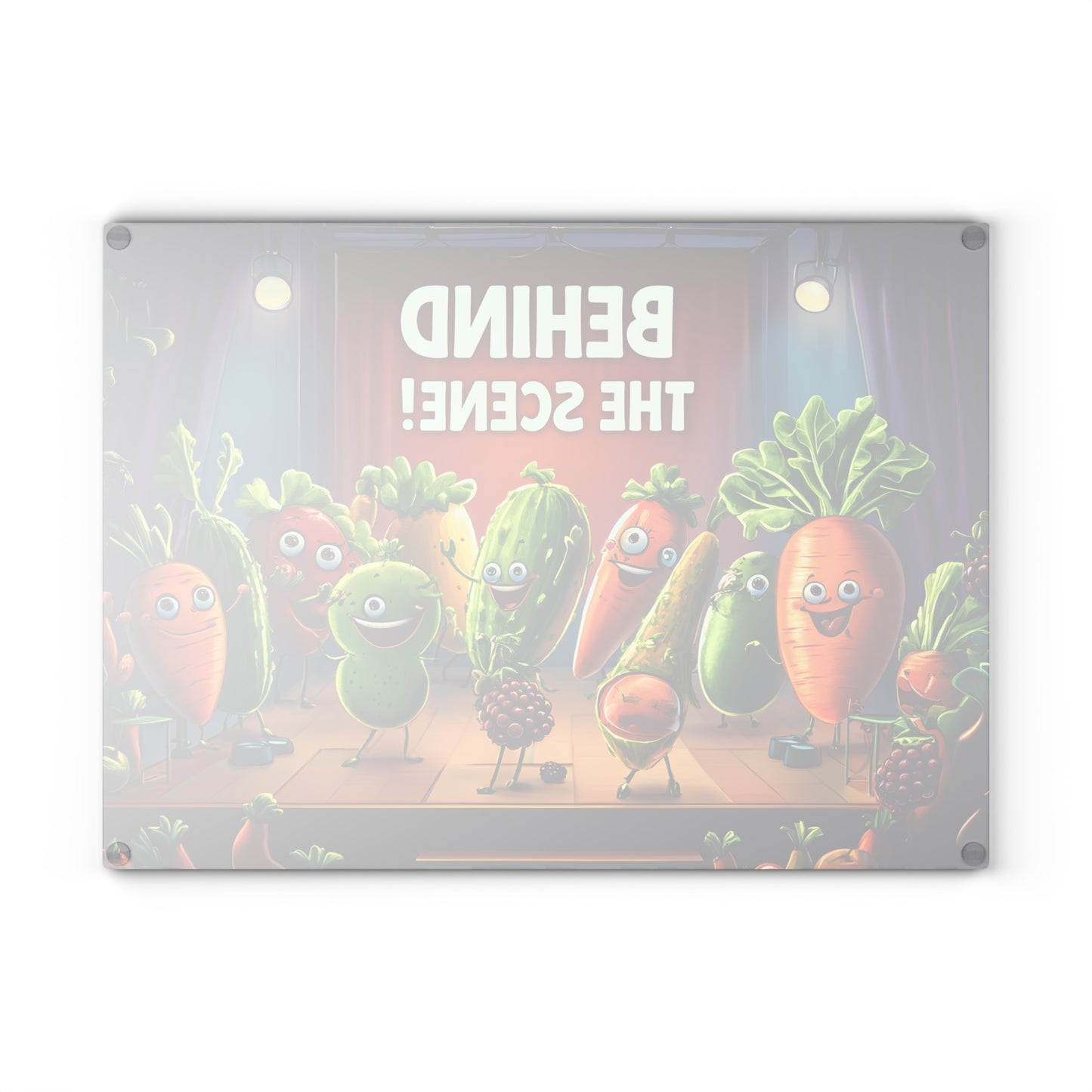 Tabla de cortar de vidrio "¡Detrás de escena!" - Decoración de cocina cómica con verduras danzantes 🌟🍅