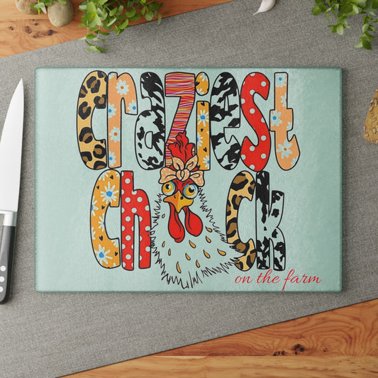 Tabla de cortar de vidrio con la gallina más loca de la granja: divertida decoración de cocina con gallinas de granja
