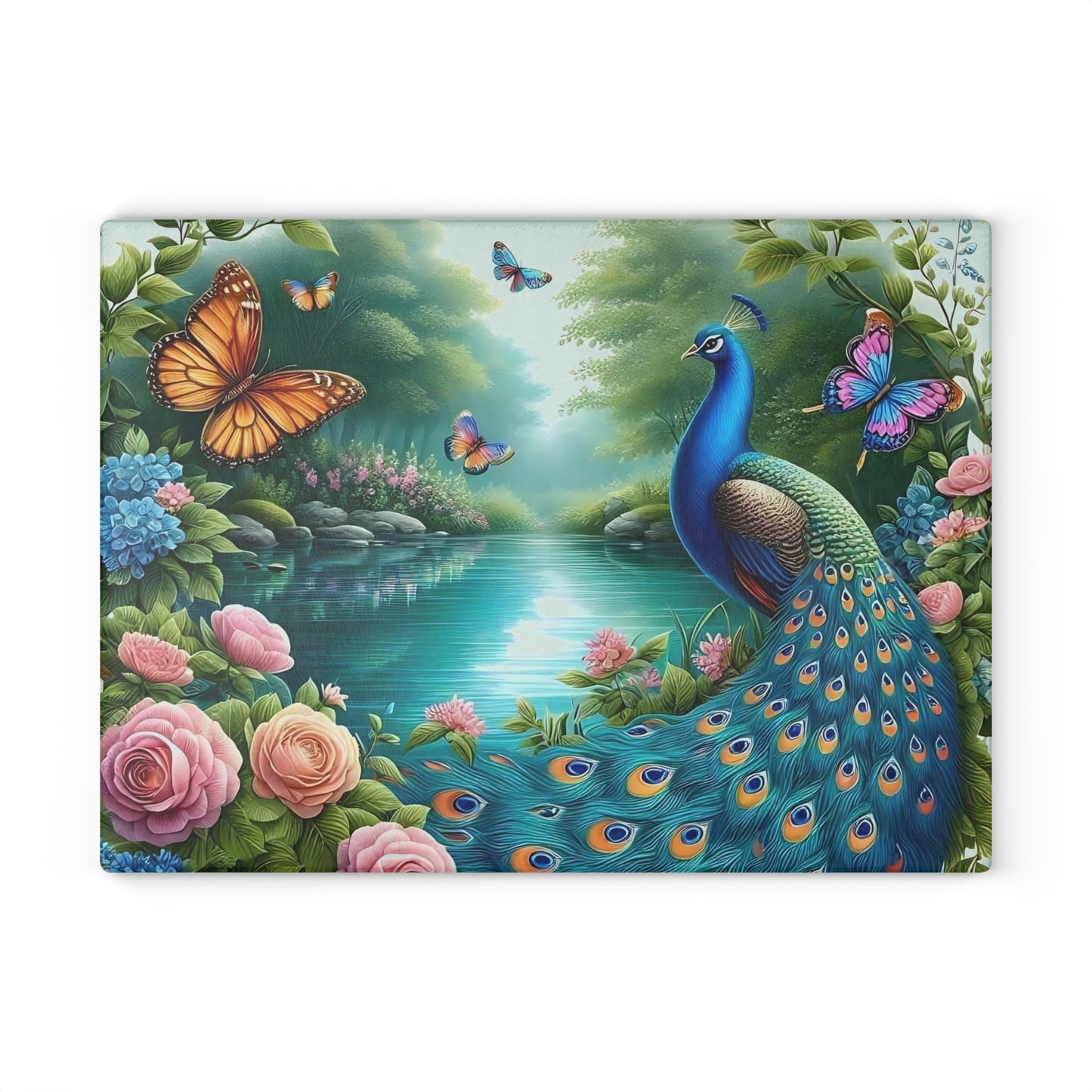 Peacock decor, butterfly decor, cutting board, kitchen decor, kitchen art, serving board, peacock gift, butterfly gift, floral cutting board