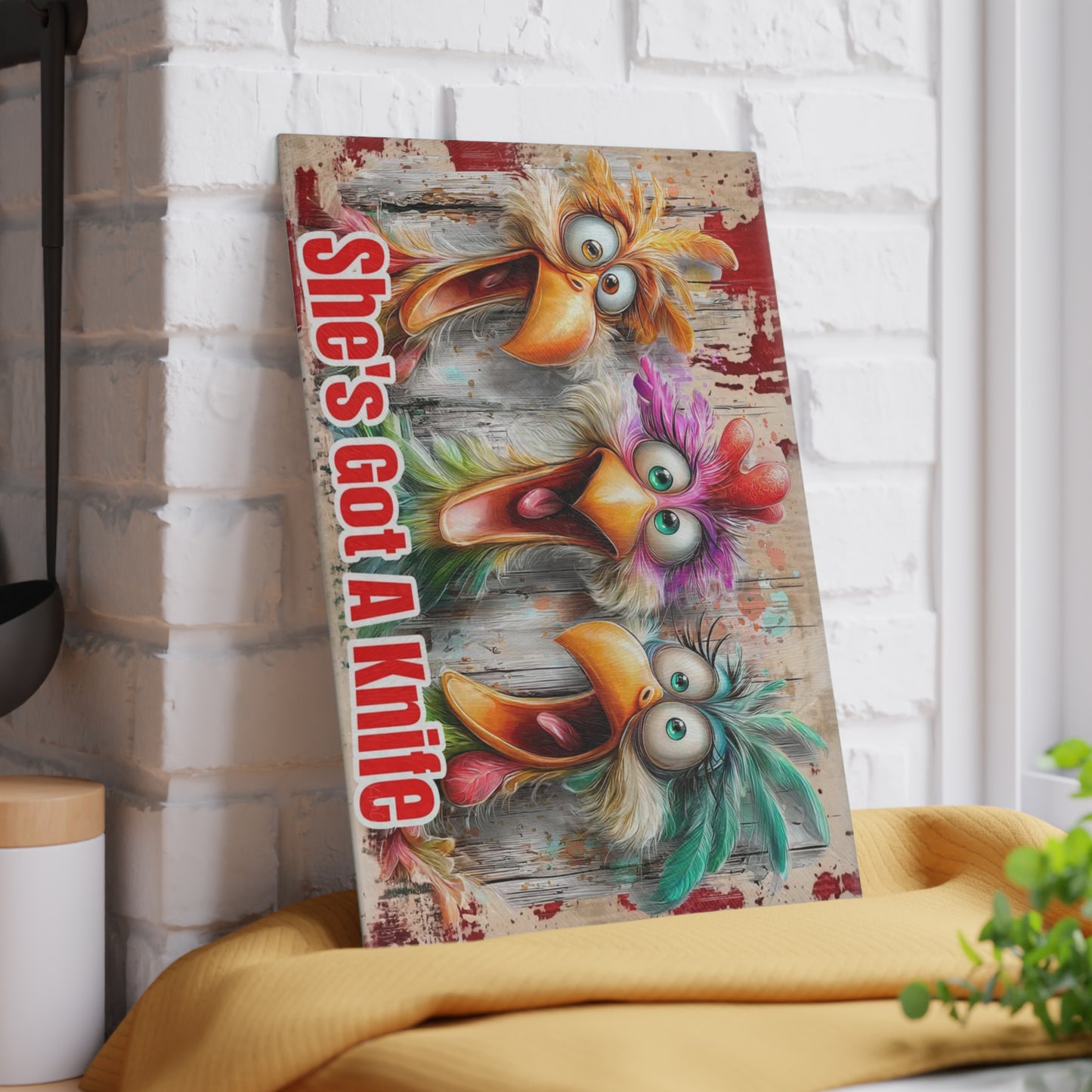 She’s Got a Knife Funny Chicken Glass Cutting Board – Colorful Farmhouse Kitchen Humor