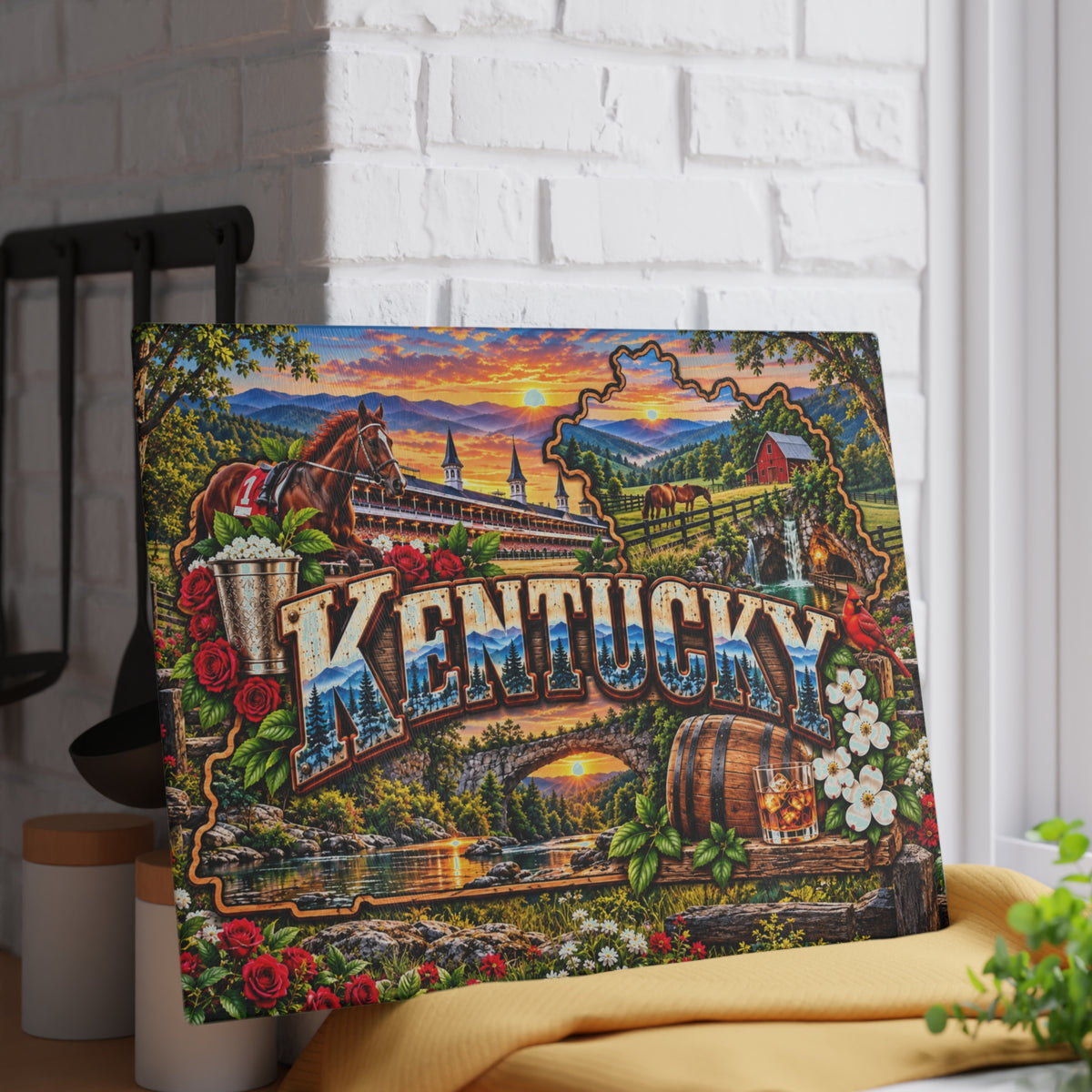 Kentucky Scenic Glass Cutting Board – Horse Racing, Bourbon Barrel, Red Cardinal & Bluegrass Country Décor