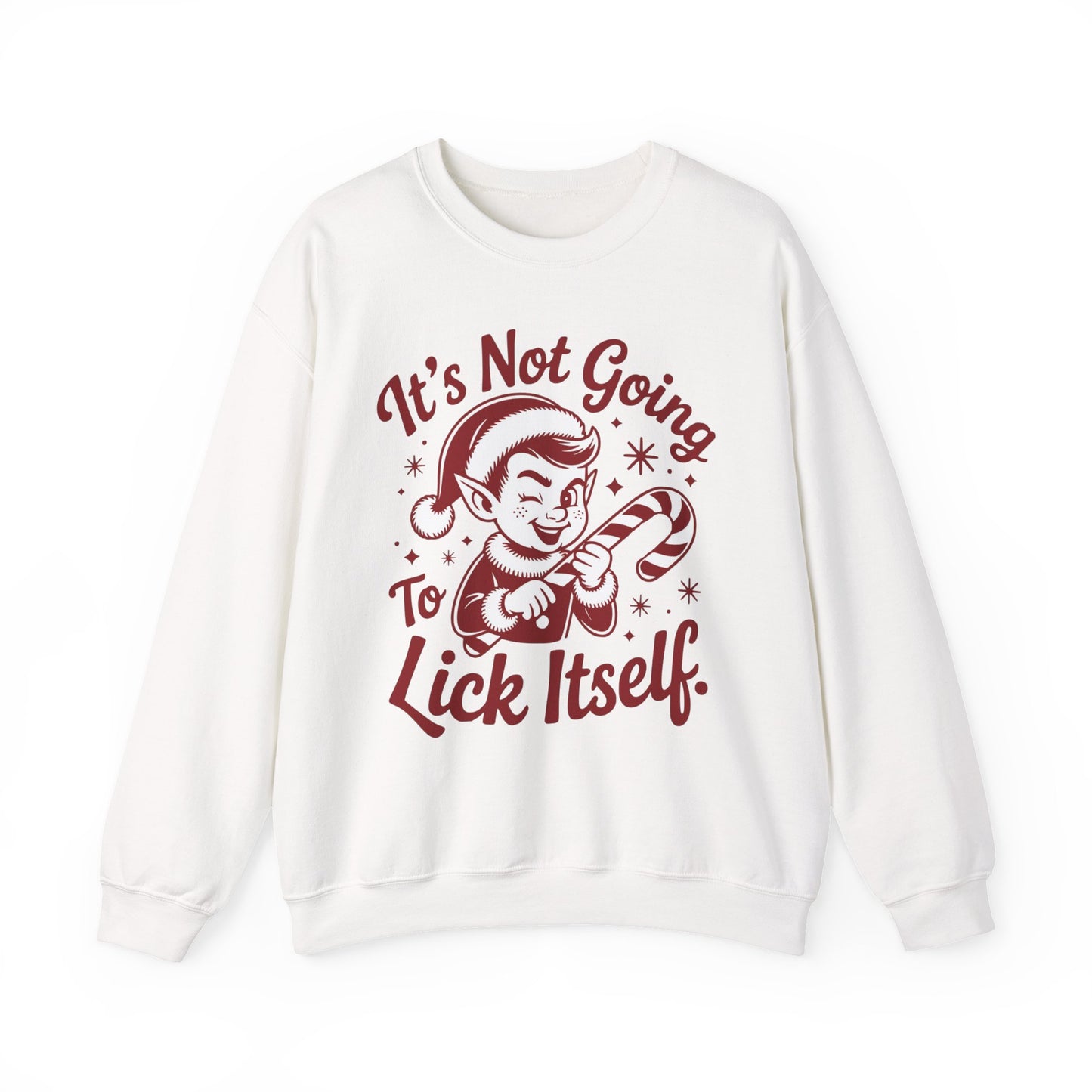 🍭😅 “It’s Not Going To Lick Itself” Men’s Funny Elf Sweatshirt – Bold Candy Cane Humor Crewneck