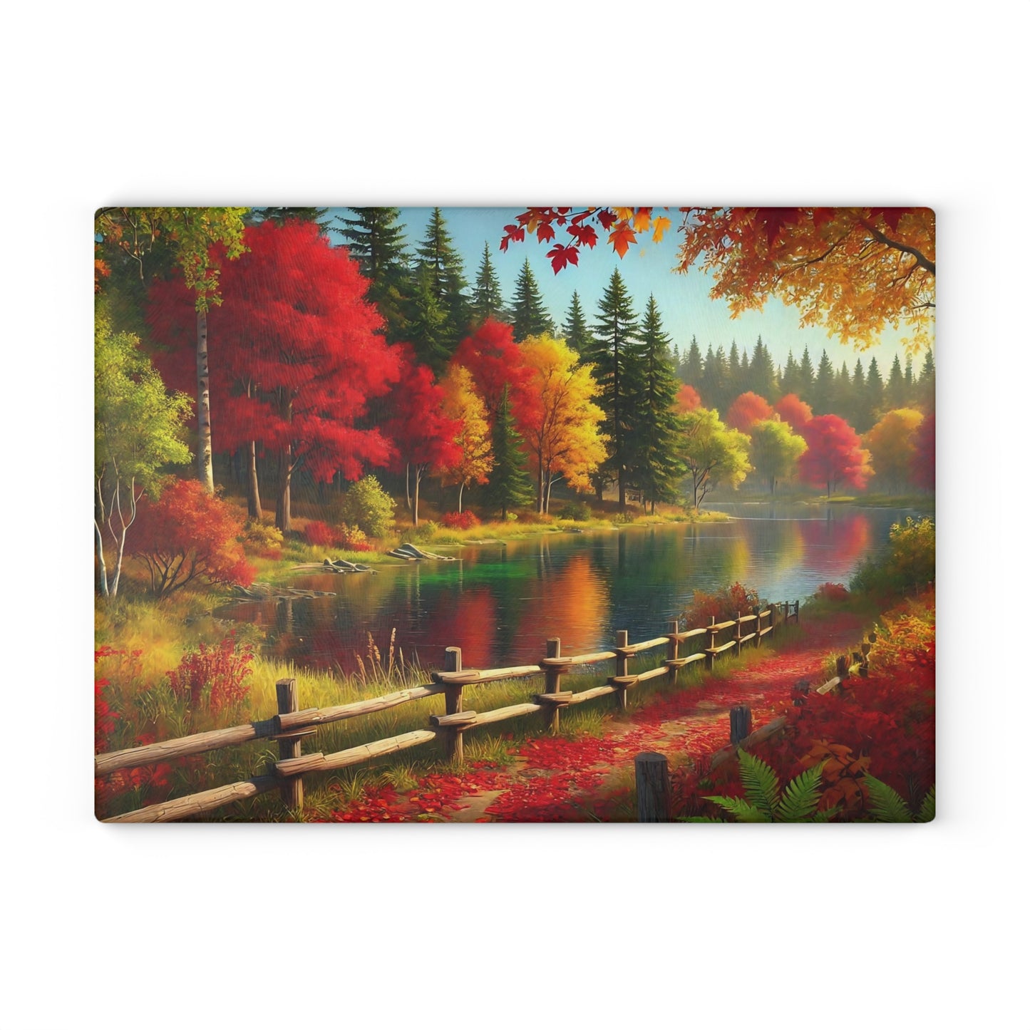 🍂 Autumn Lake Path Cutting Board – Tranquil Forest Reflections for Your Kitchen