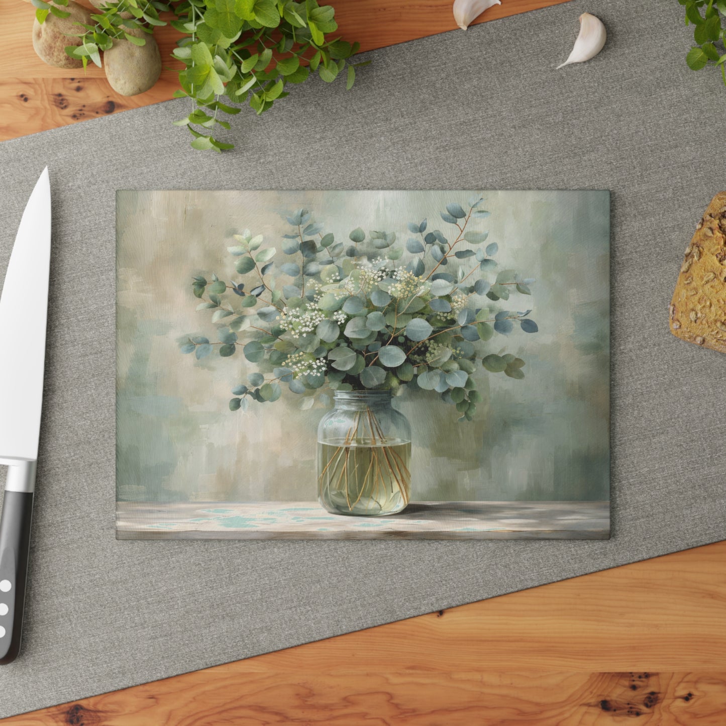 Eucalyptus Mason Jar Glass Cutting Board – Farmhouse Botanical Kitchen Decor