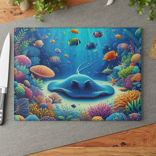 Tabla de cortar de vidrio con diseño de raya y arrecife de coral: decoración de cocina con vida marina y peces de agua salada