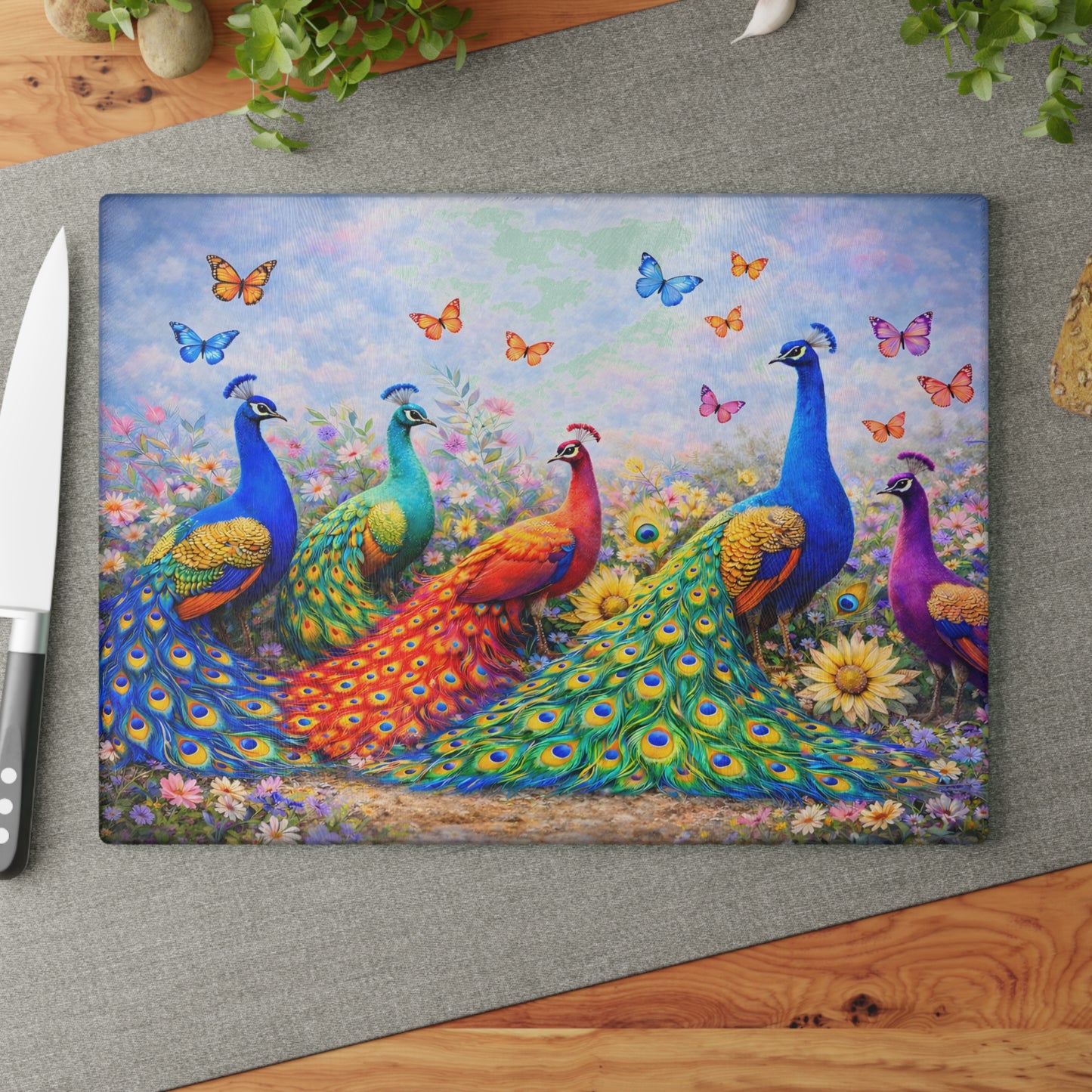 Peacock Glass Cutting Board – Elegant Nature-Inspired Kitchen Accent
