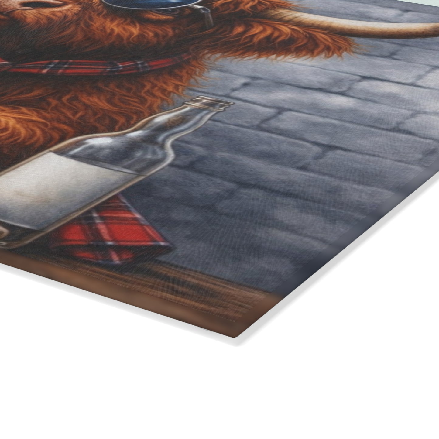 Cool Shades Highland Cow Glass Cutting Board – Playful Farm Bar Art with Bold Rustic Attitude