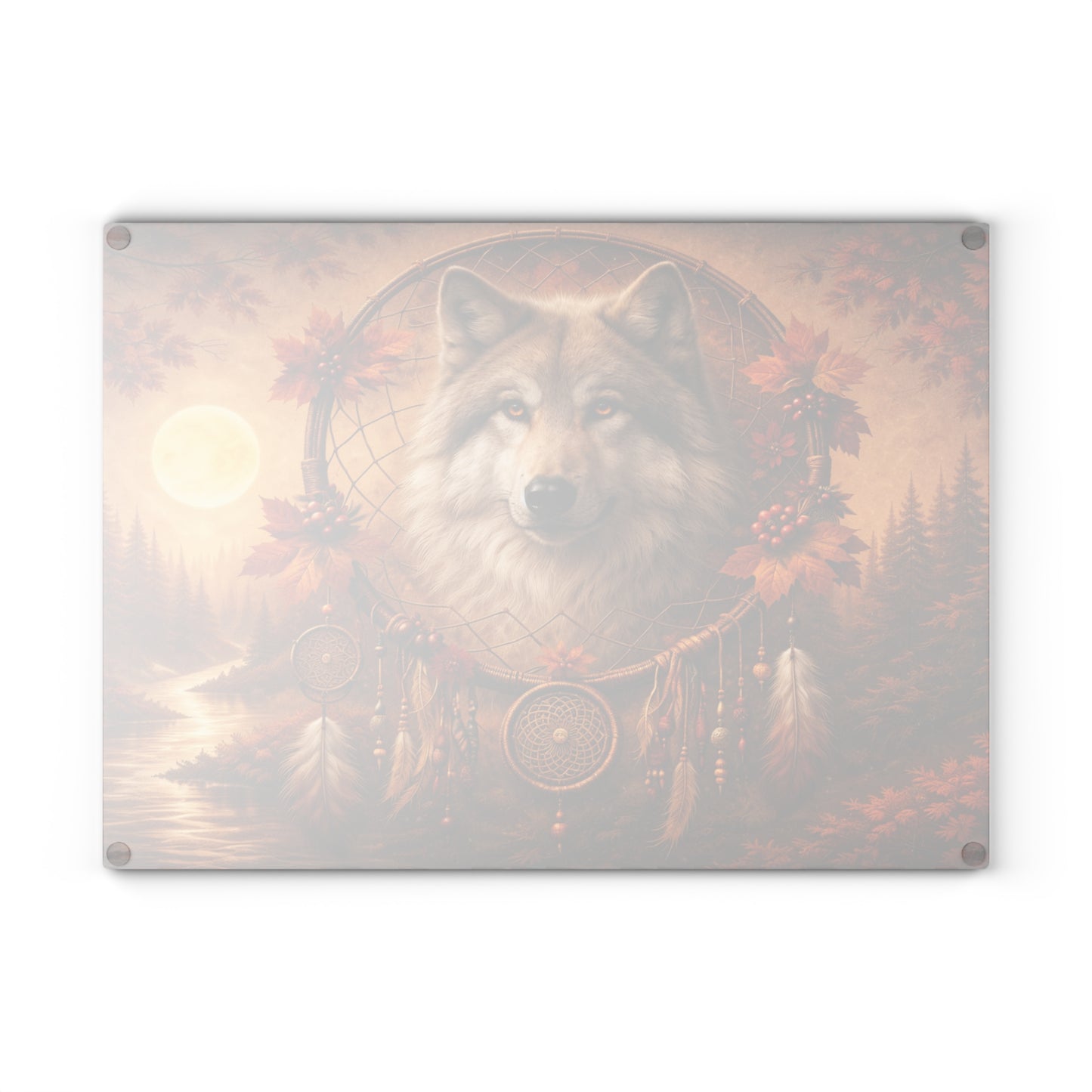Autumn Wolf Dreamcatcher Glass Cutting Board – Rustic Woodland Wildlife Kitchen Art