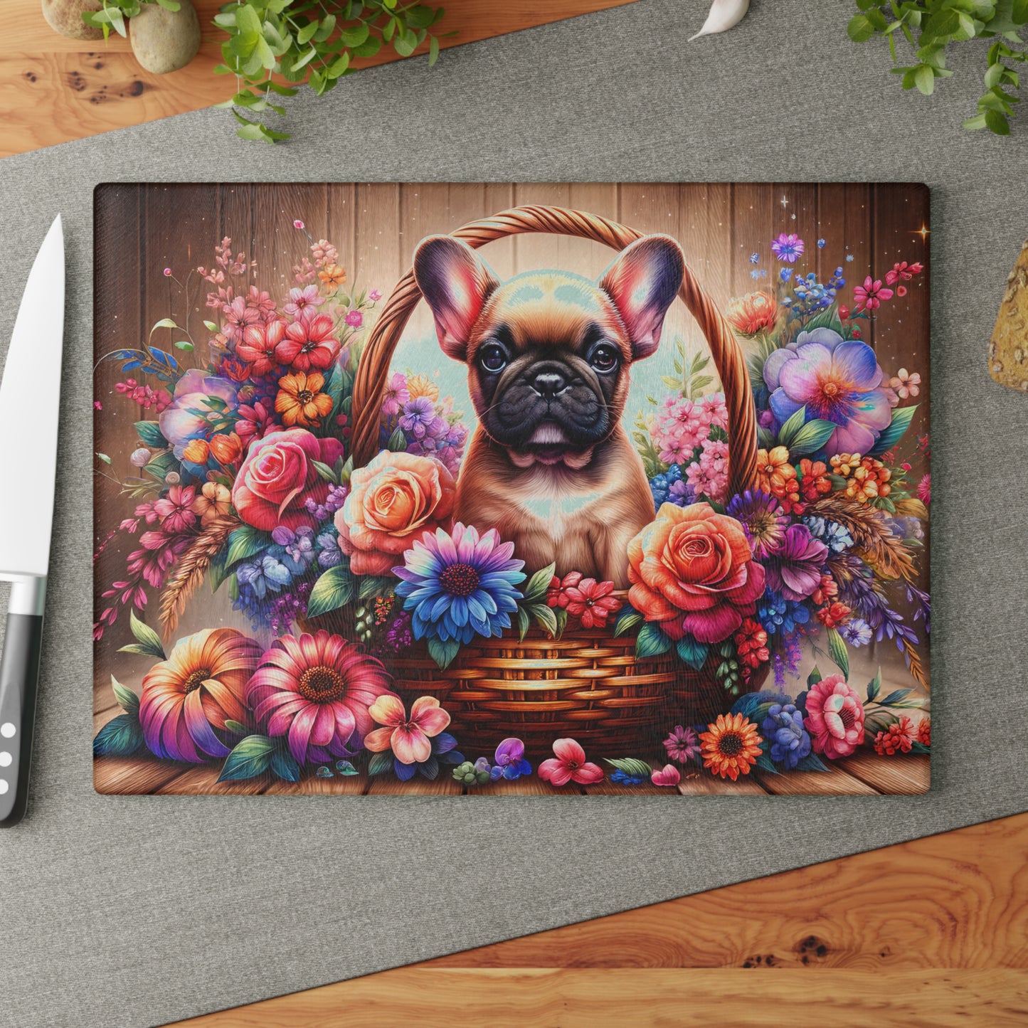 🐾 Fawn French Bulldog in Bloom Basket Cutting Board – Rustic Elegance Meets Frenchie Charm 🌼