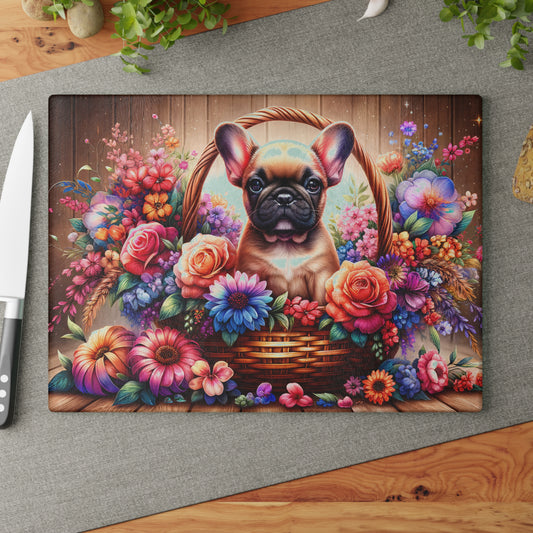 🐾 Fawn French Bulldog in Bloom Basket Cutting Board – Rustic Elegance Meets Frenchie Charm 🌼